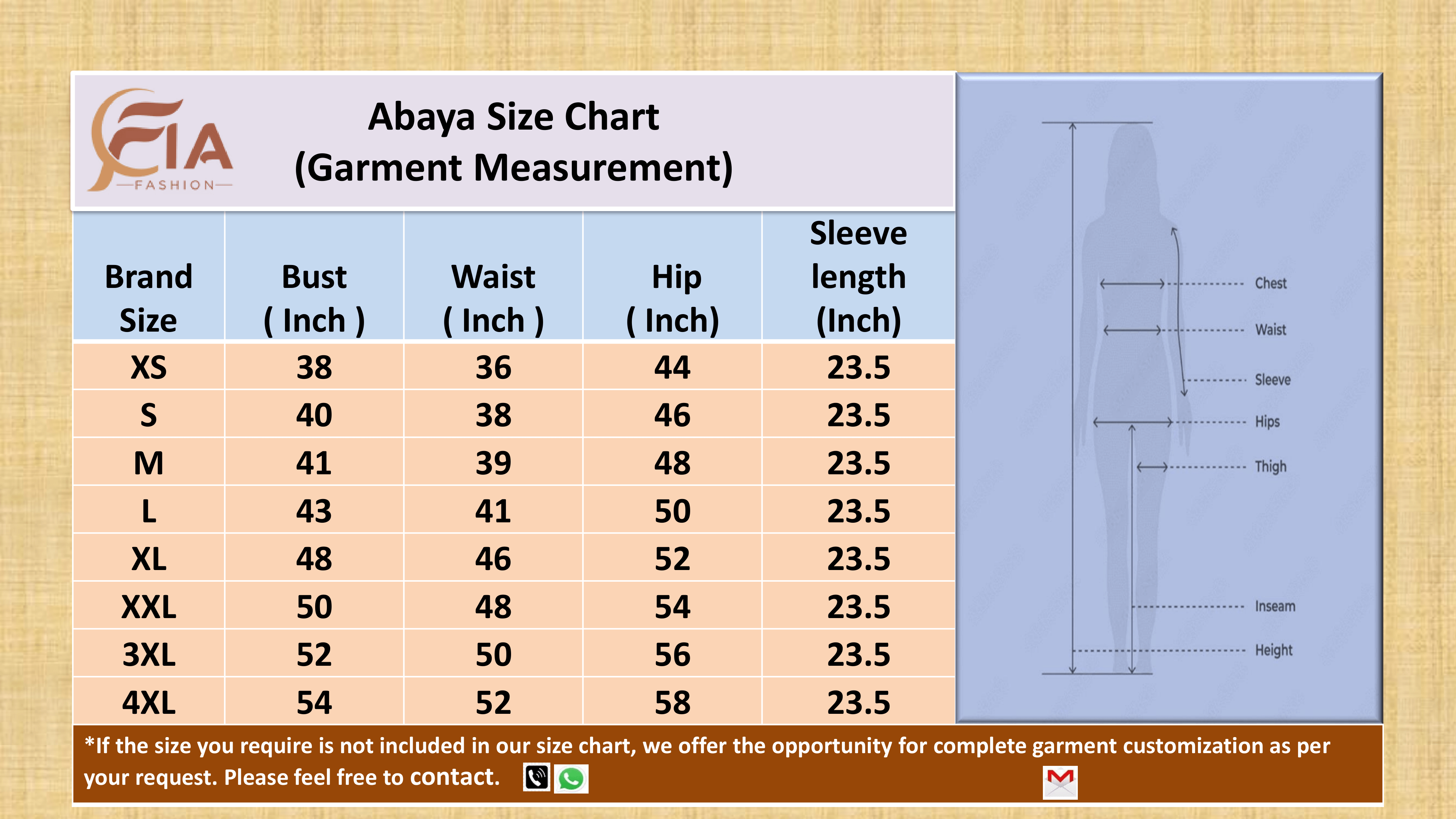 Size Guide for Classic Black Abaya with White Piping Detail