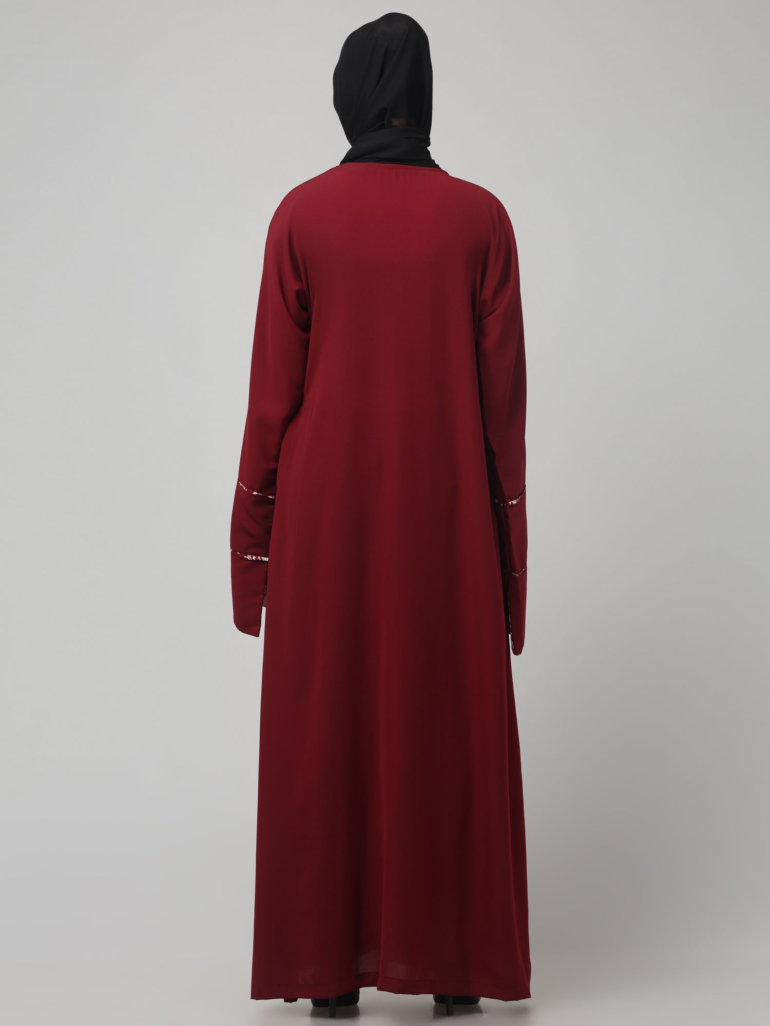 Elegant Maroon Abaya with Embroidered Bell Sleeves