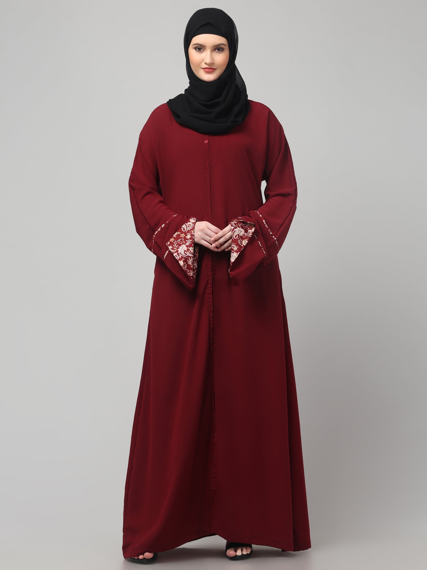 Elegant Maroon Abaya with Embroidered Bell Sleeves
