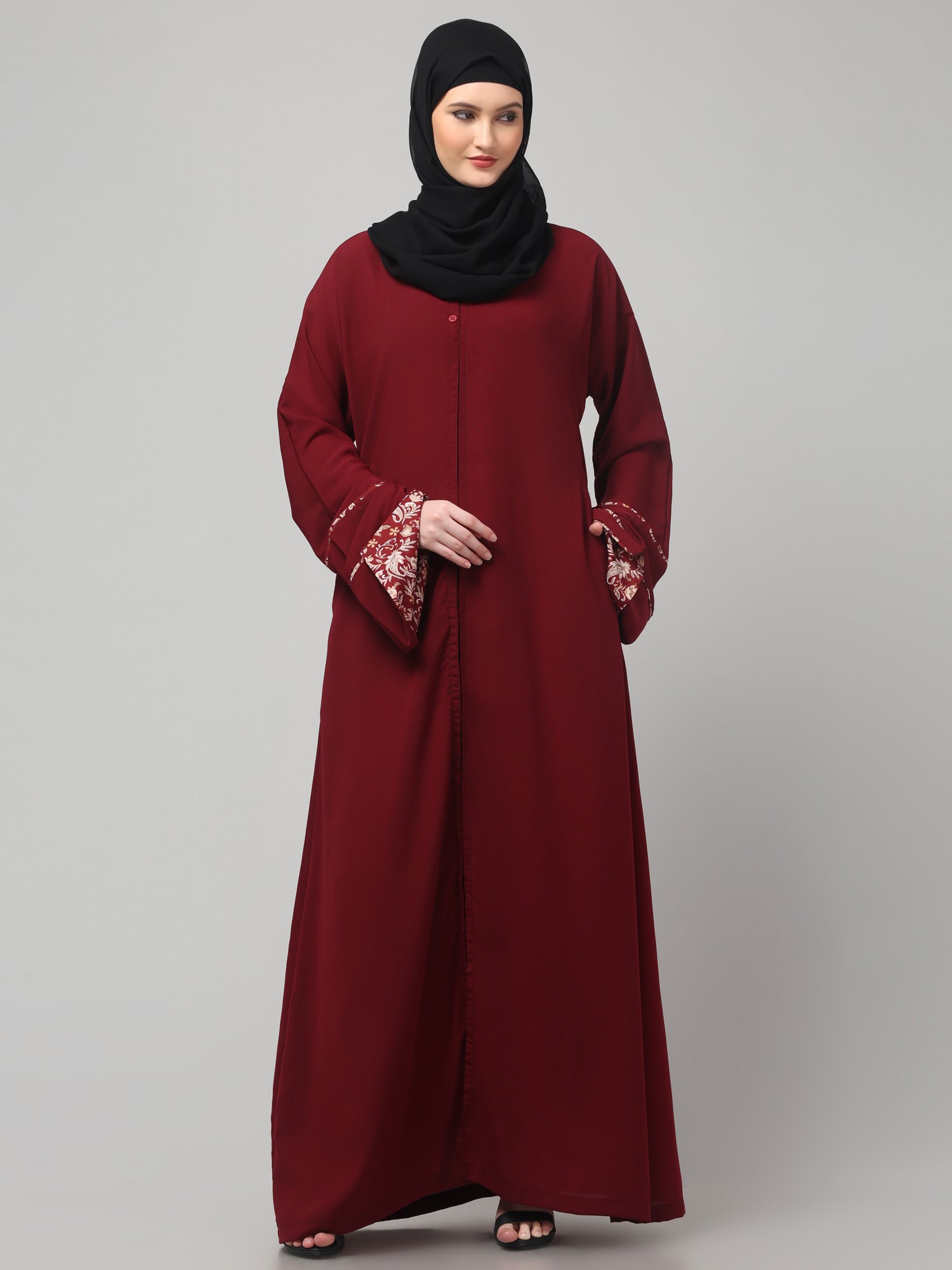 Elegant Maroon Abaya with Embroidered Bell Sleeves