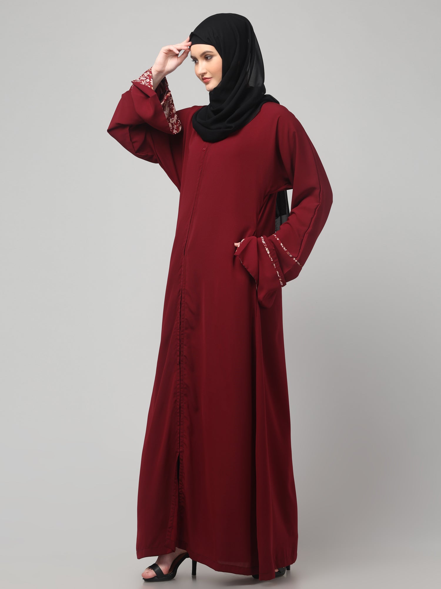 Elegant Maroon Abaya with Embroidered Bell Sleeves