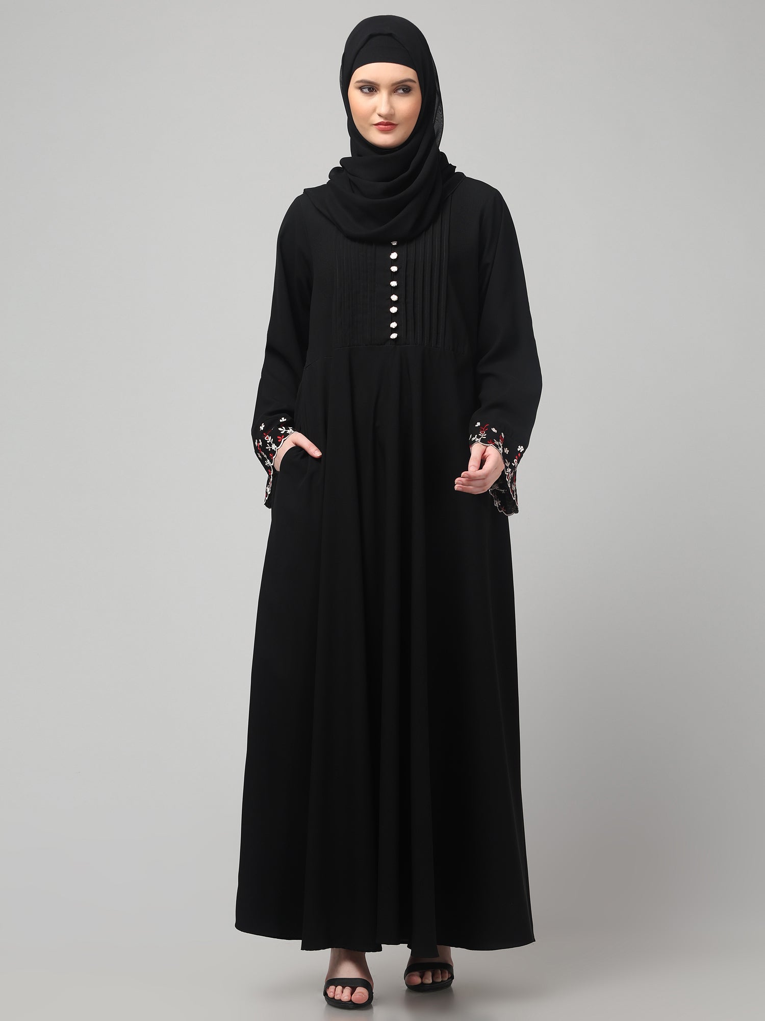 Black Solid Abaya with Round Neck & Embroidered Detailing