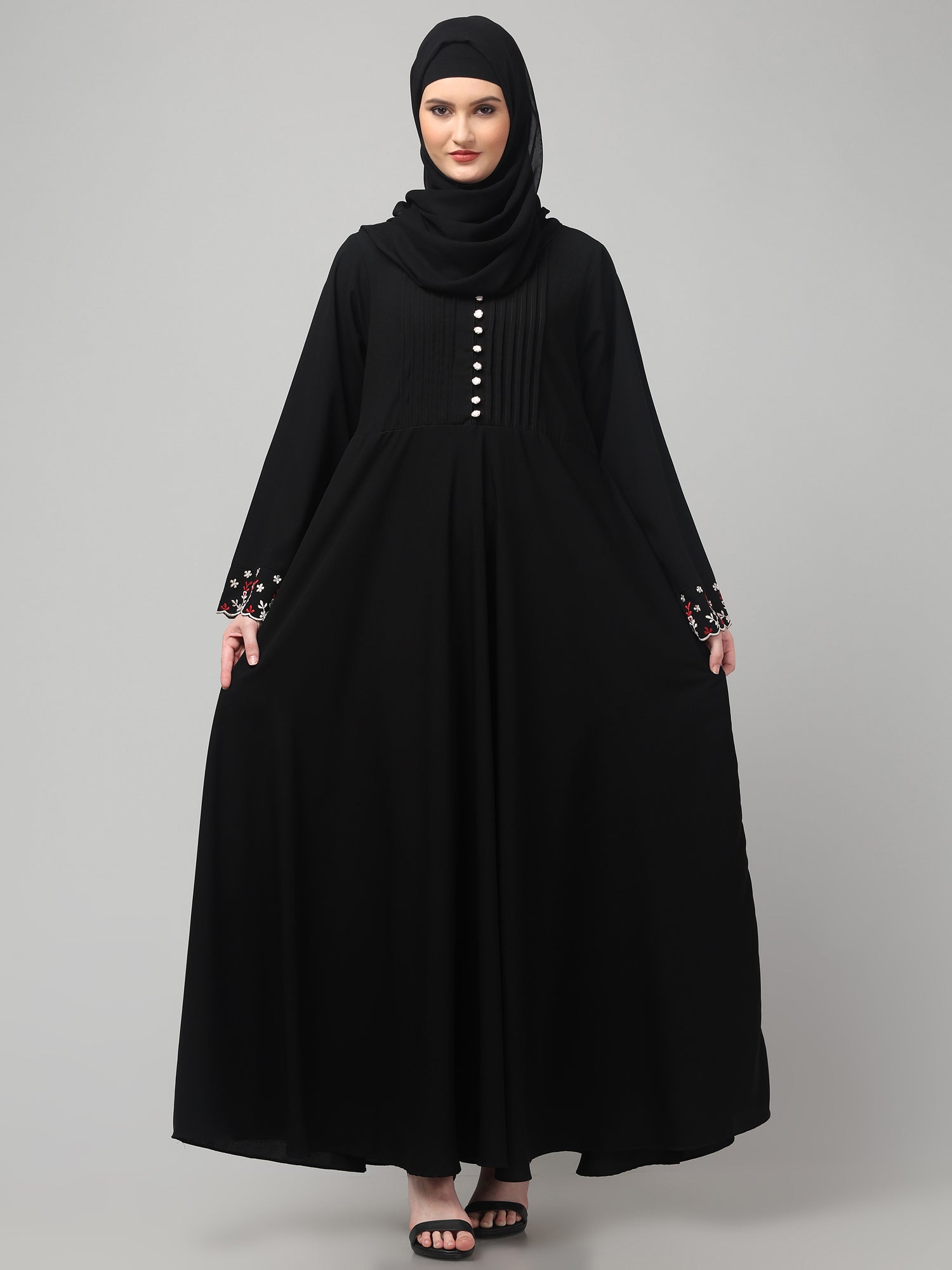 Black Solid Abaya with Round Neck & Embroidered Detailing