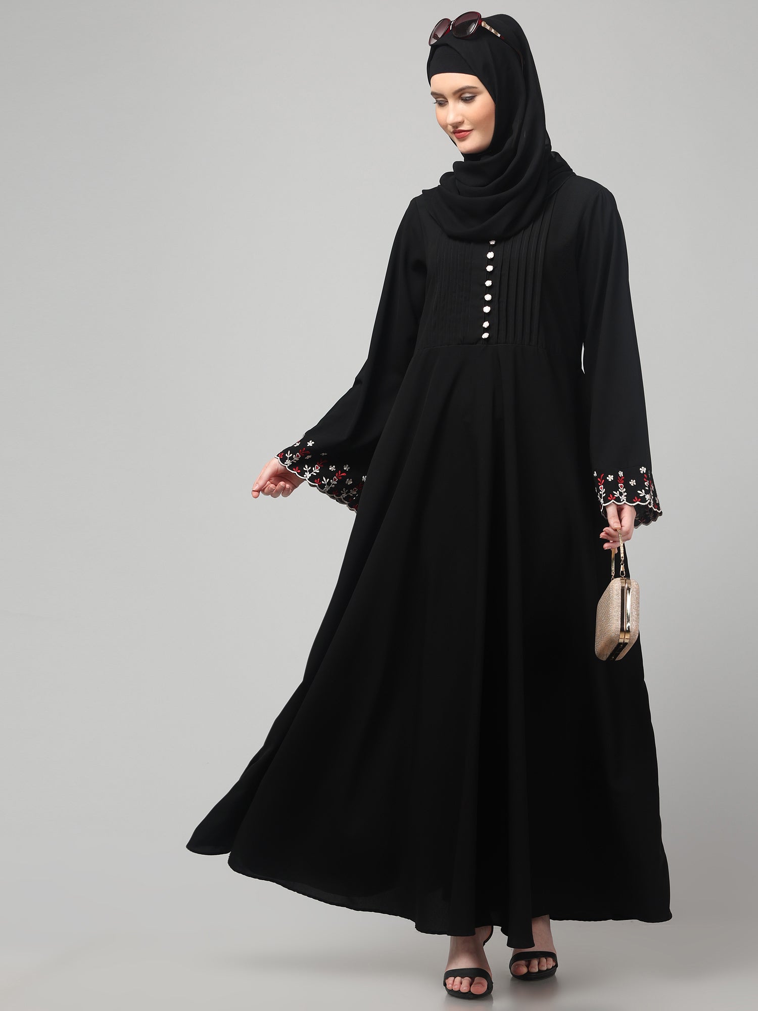 Black Solid Abaya with Round Neck & Embroidered Detailing