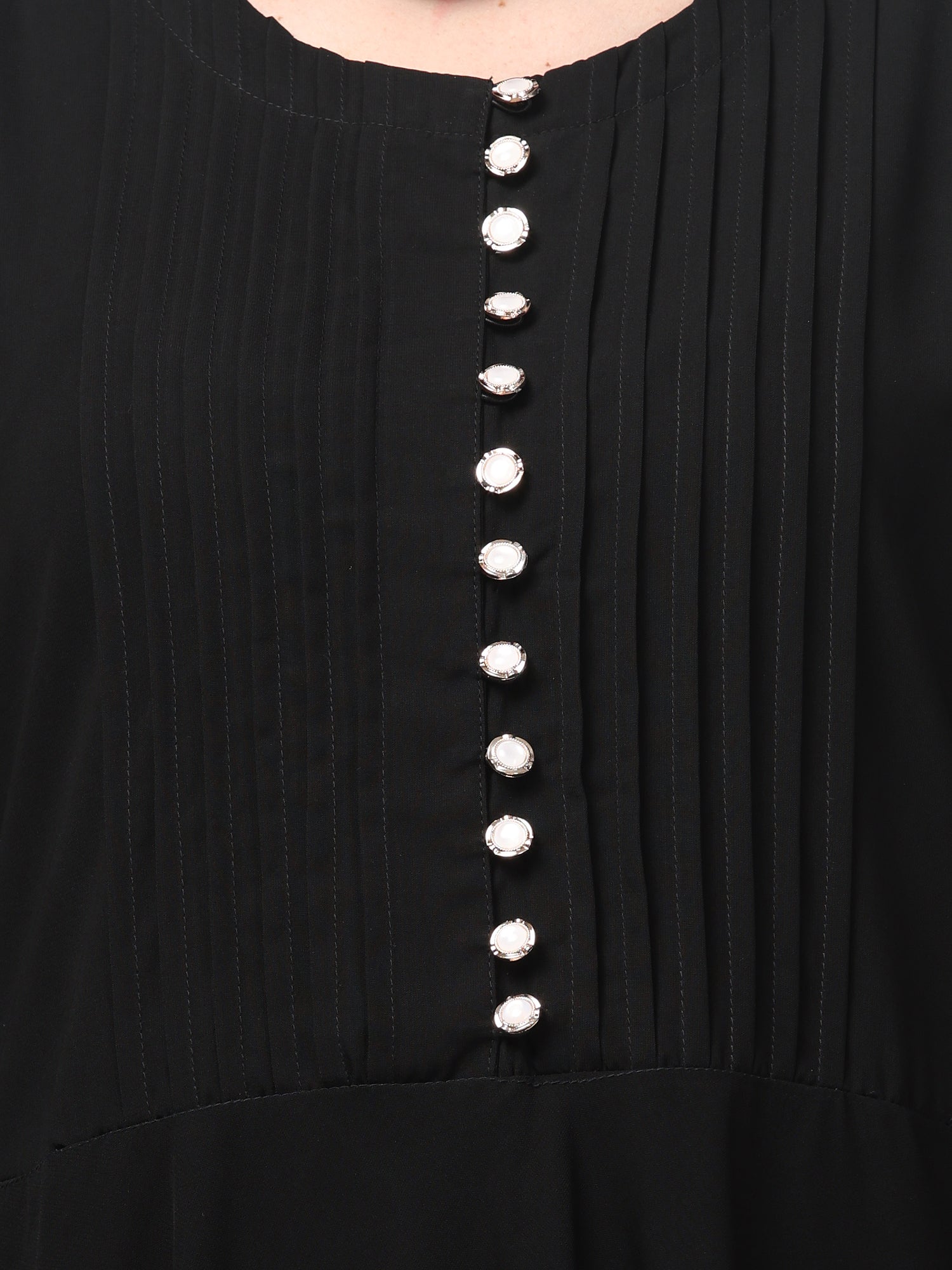 Black Solid Abaya with Round Neck & Embroidered Detailing