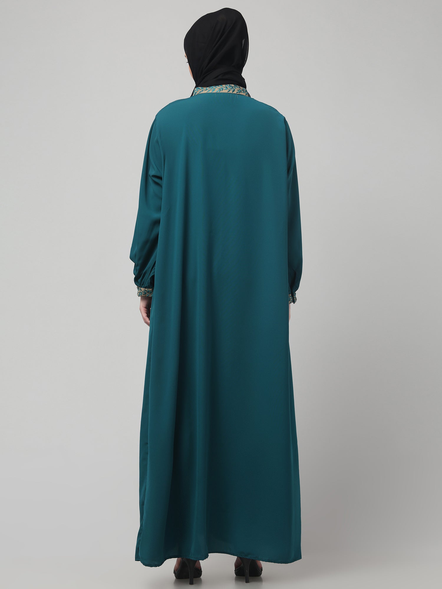 Bottle Green Embroidered Front Open Abaya