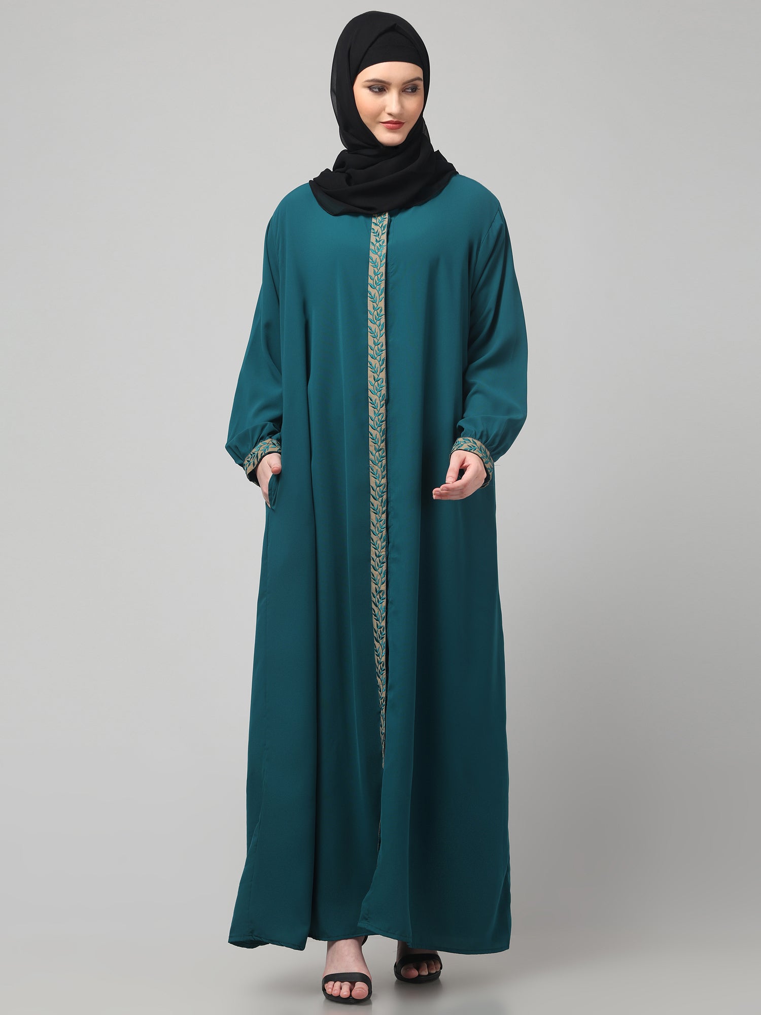 Bottle Green Embroidered Front Open Abaya