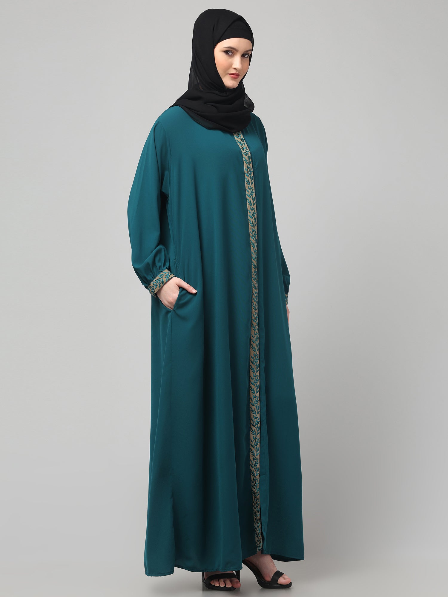 Bottle Green Embroidered Front Open Abaya