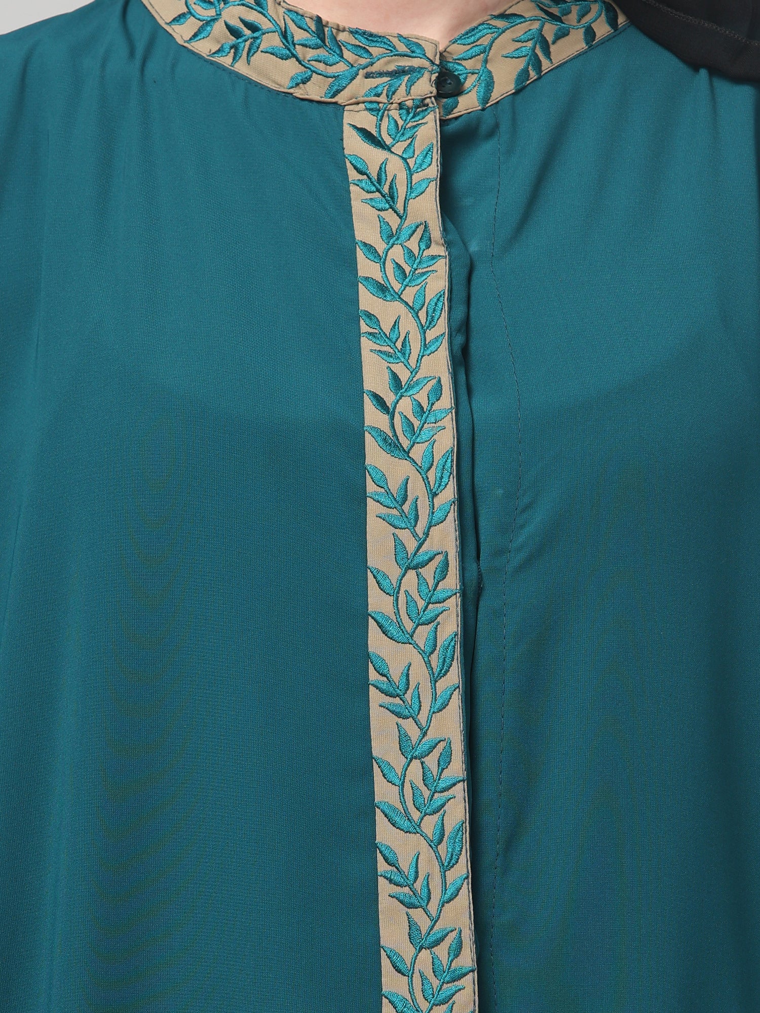 Bottle Green Embroidered Front Open Abaya