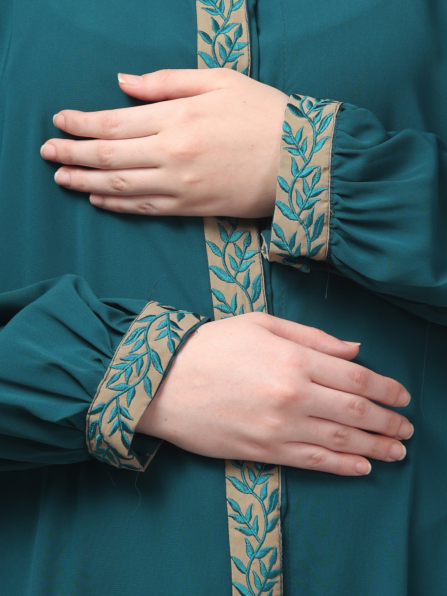 Bottle Green Embroidered Front Open Abaya