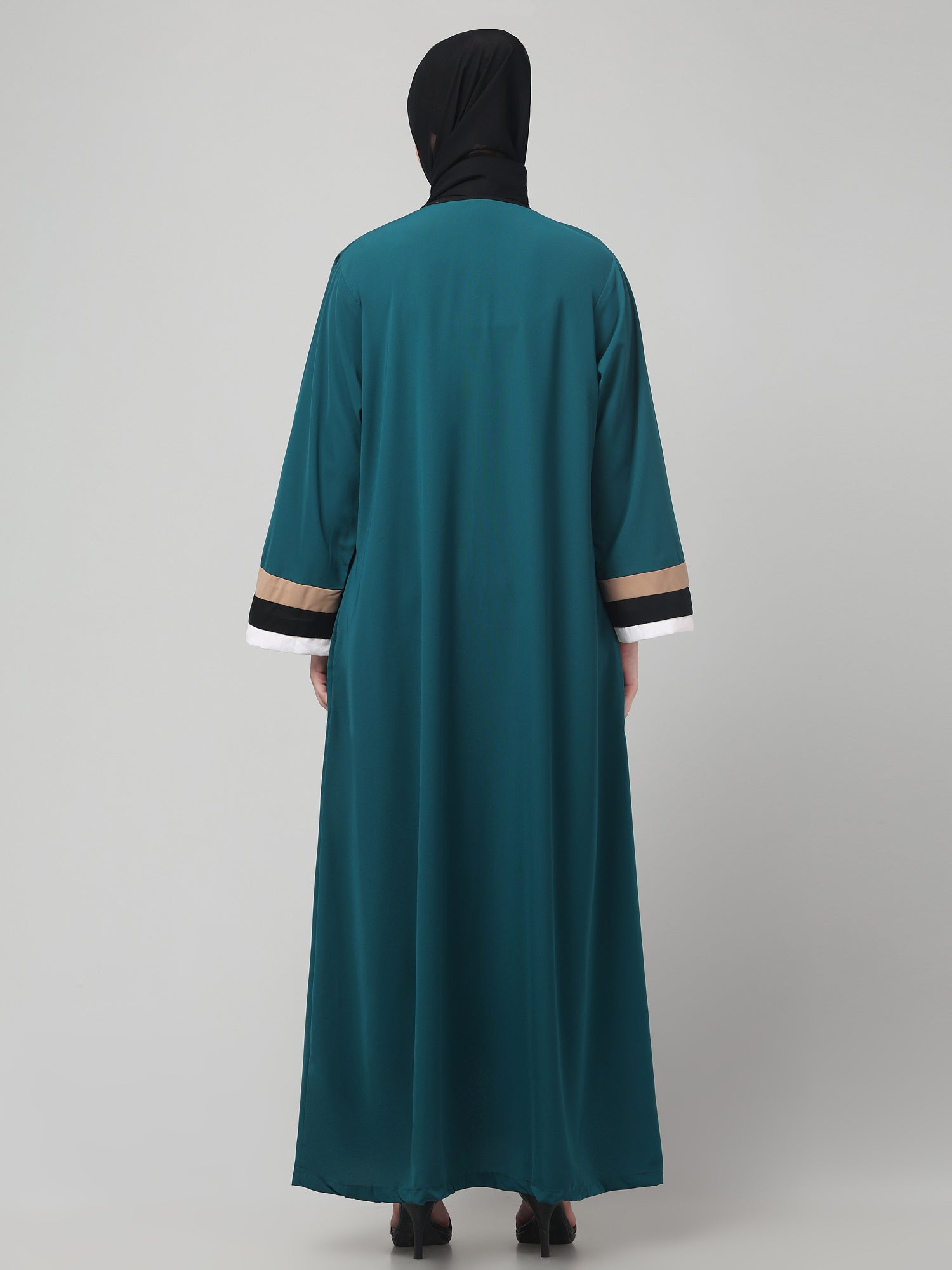 Front Open Bottle Green Abaya with Contrast Panel Detailing