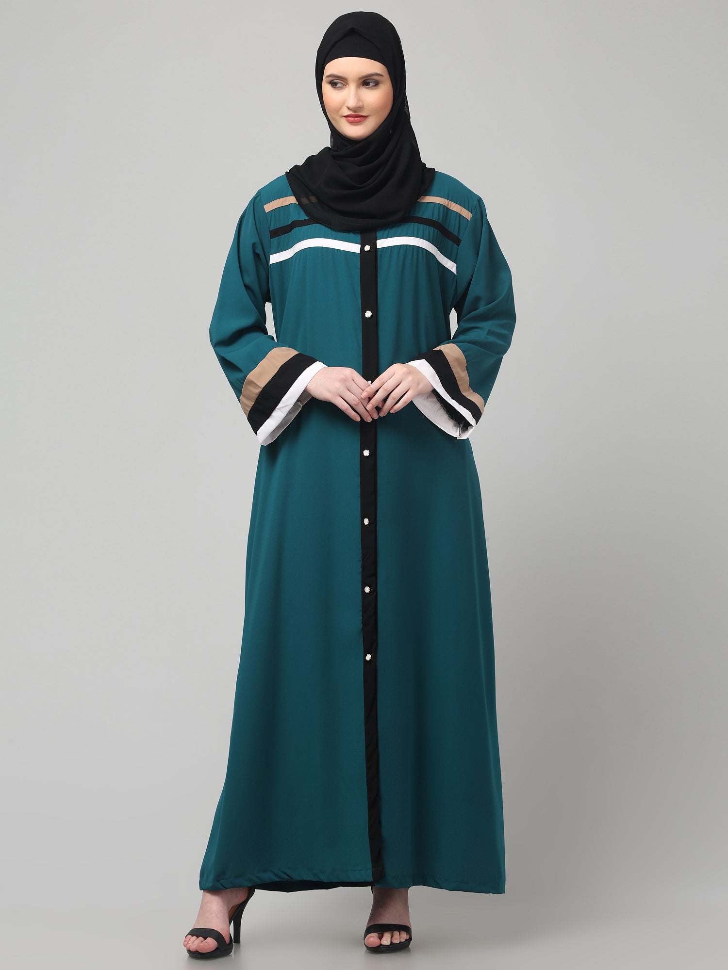 Front Open Bottle Green Abaya with Contrast Panel Detailing