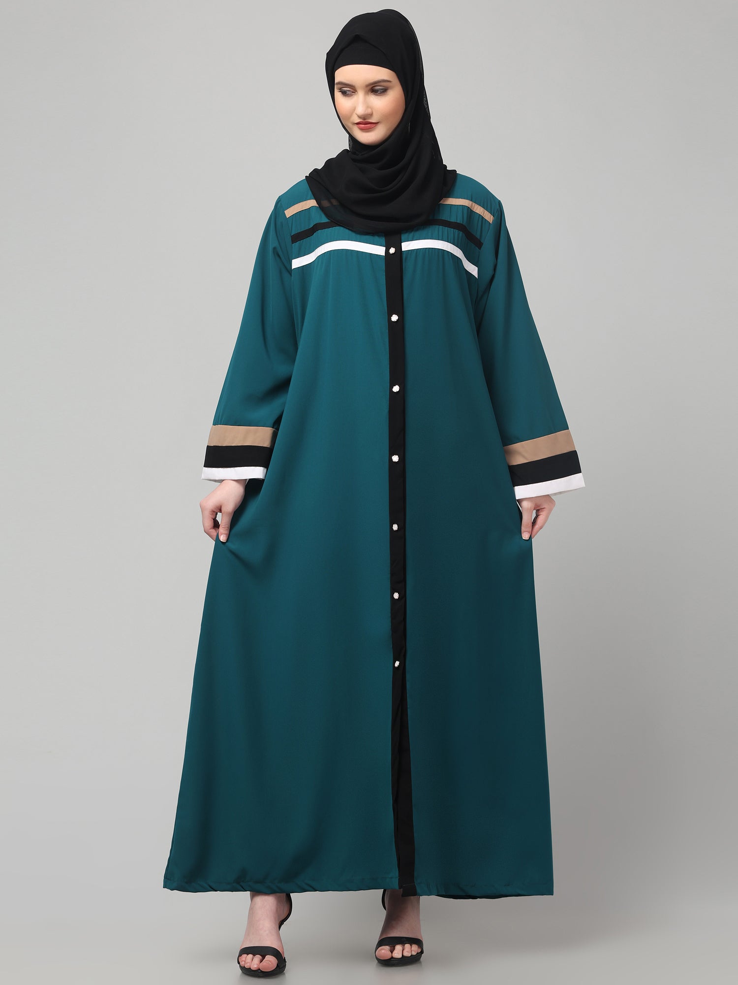 Front Open Bottle Green Abaya with Contrast Panel Detailing