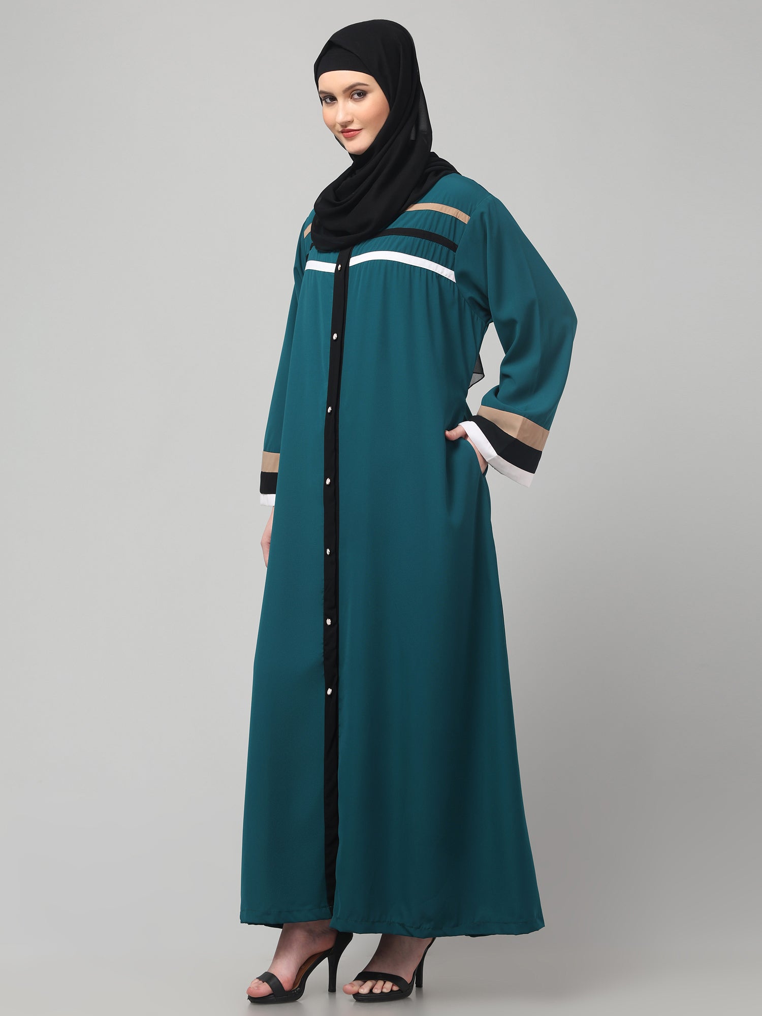 Front Open Bottle Green Abaya with Contrast Panel Detailing