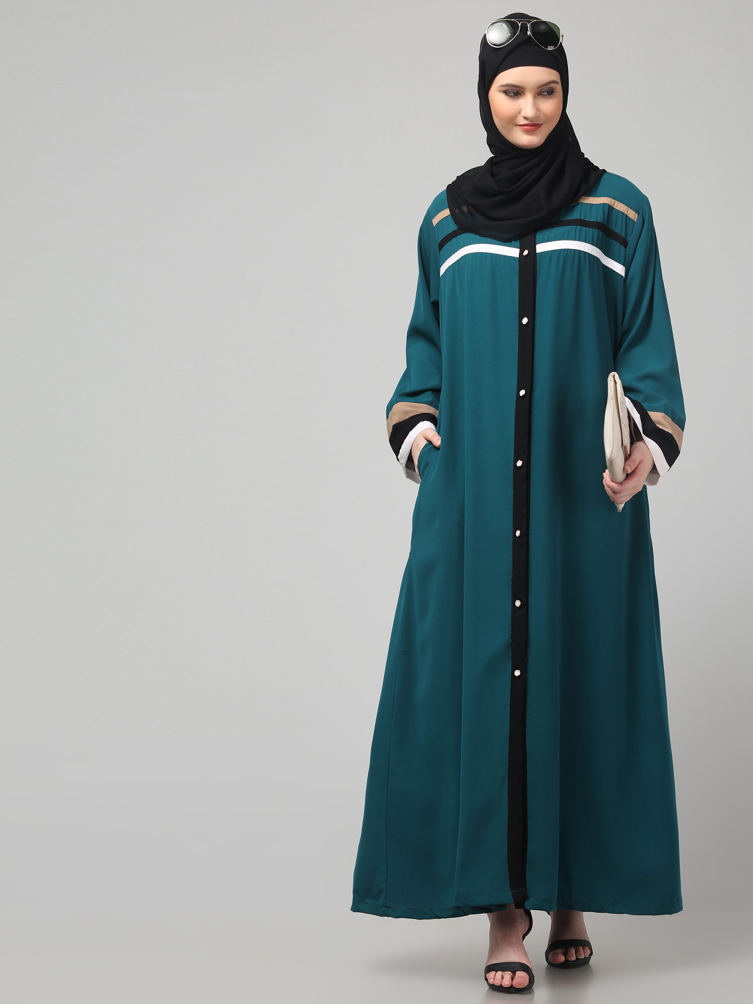Front Open Bottle Green Abaya with Contrast Panel Detailing