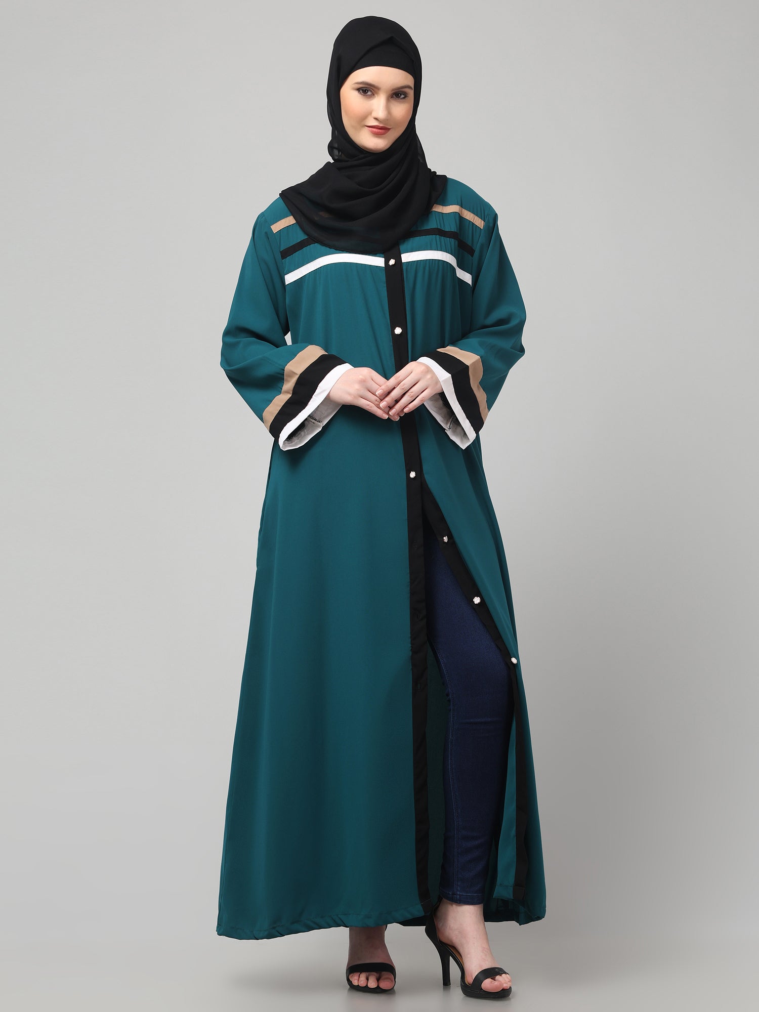 Front Open Bottle Green Abaya with Contrast Panel Detailing