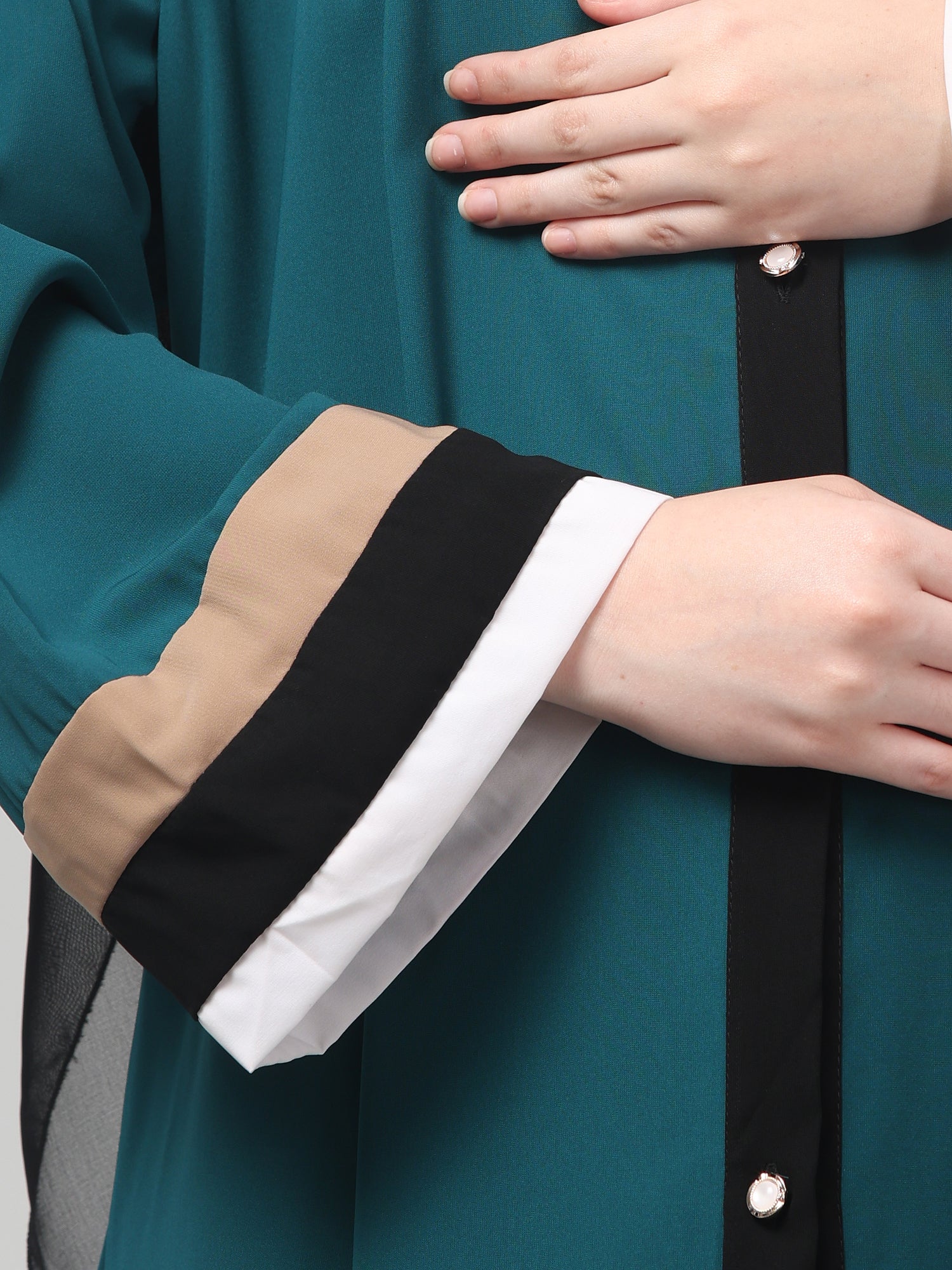 Front Open Bottle Green Abaya with Contrast Panel Detailing