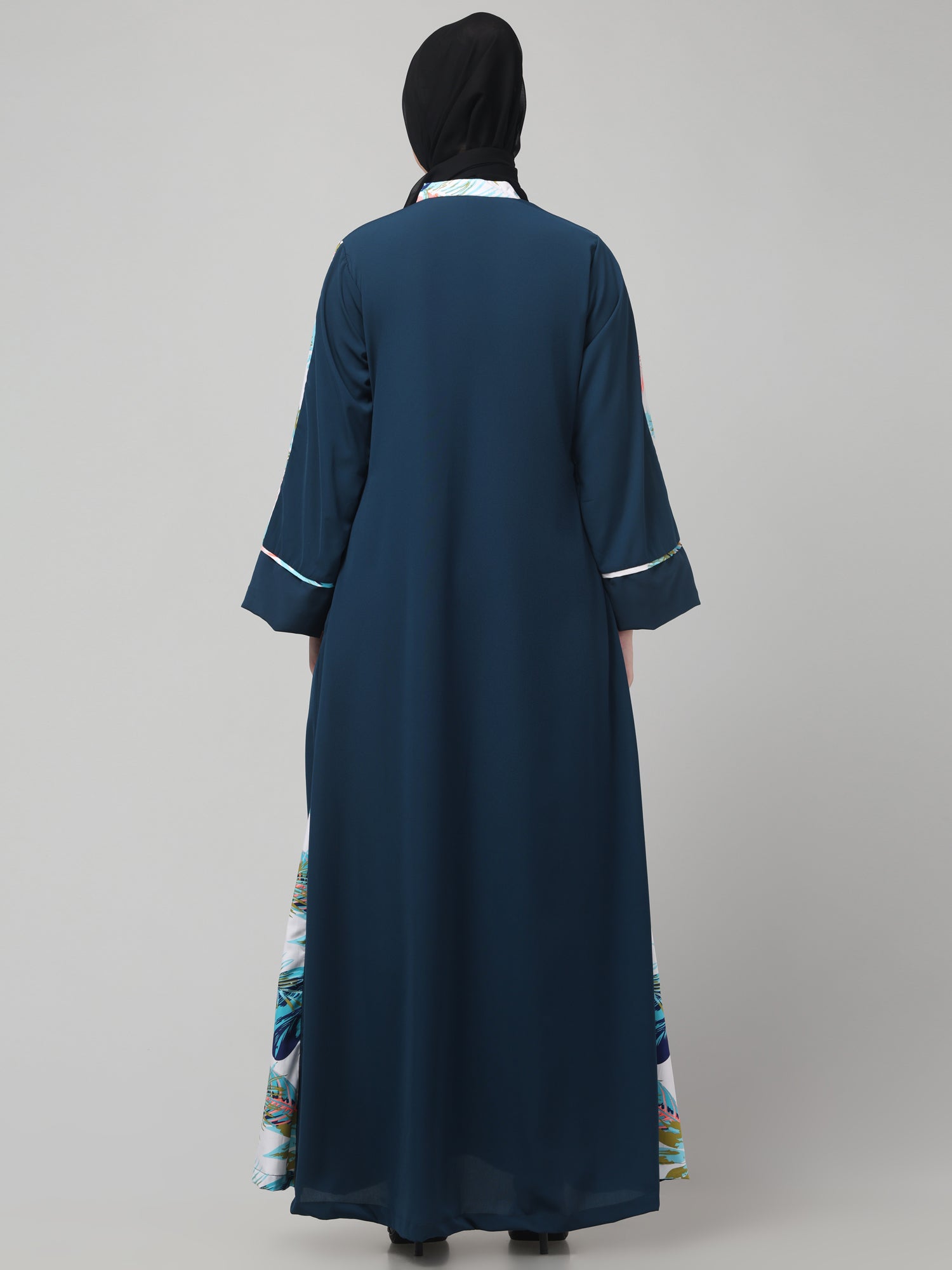 Front-Open Nida Matte Teal Abaya Dress with Floral Detailing