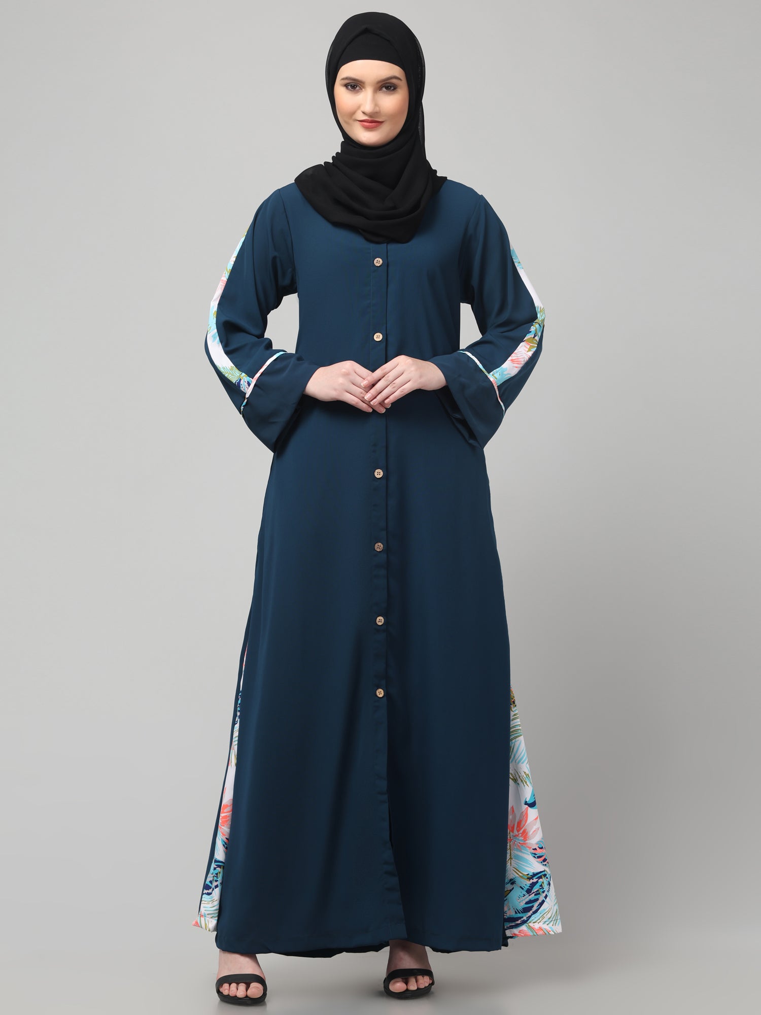 Front-Open Nida Matte Teal Abaya Dress with Floral Detailing