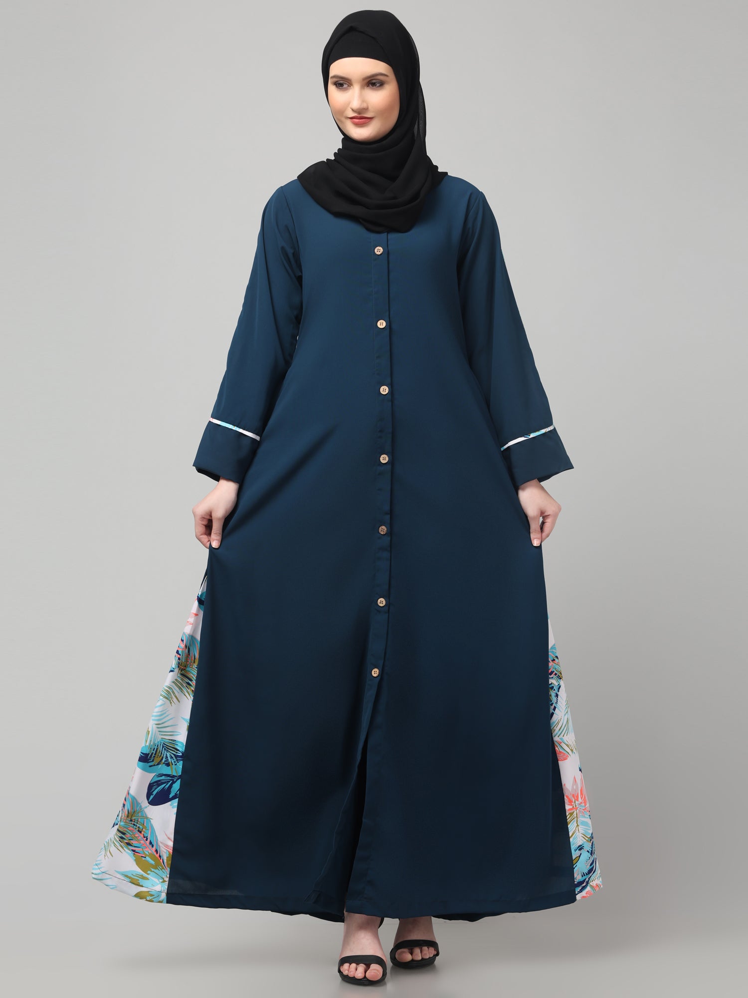 Front-Open Nida Matte Teal Abaya Dress with Floral Detailing