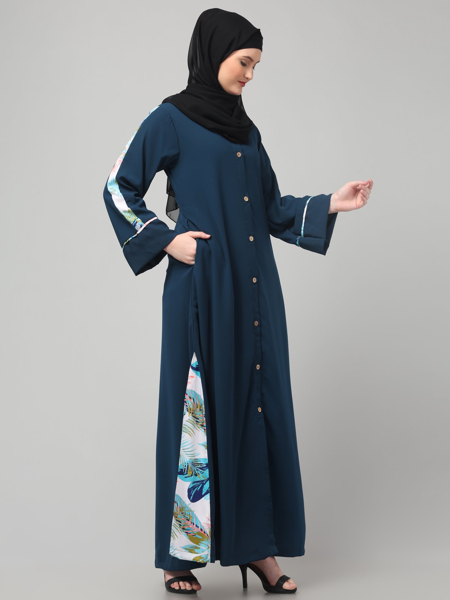 Front-Open Nida Matte Teal Abaya Dress with Floral Detailing