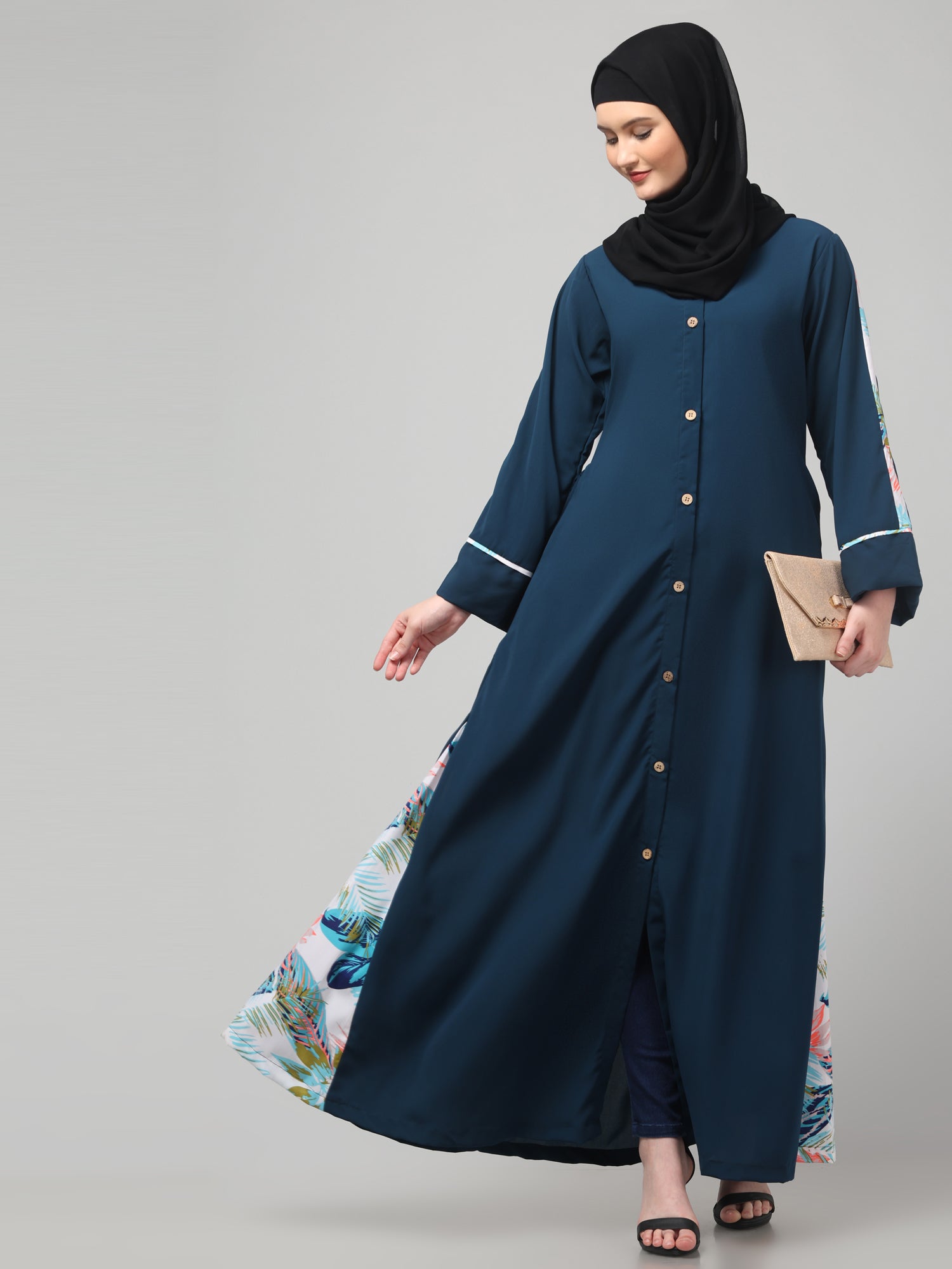 Front-Open Nida Matte Teal Abaya Dress with Floral Detailing