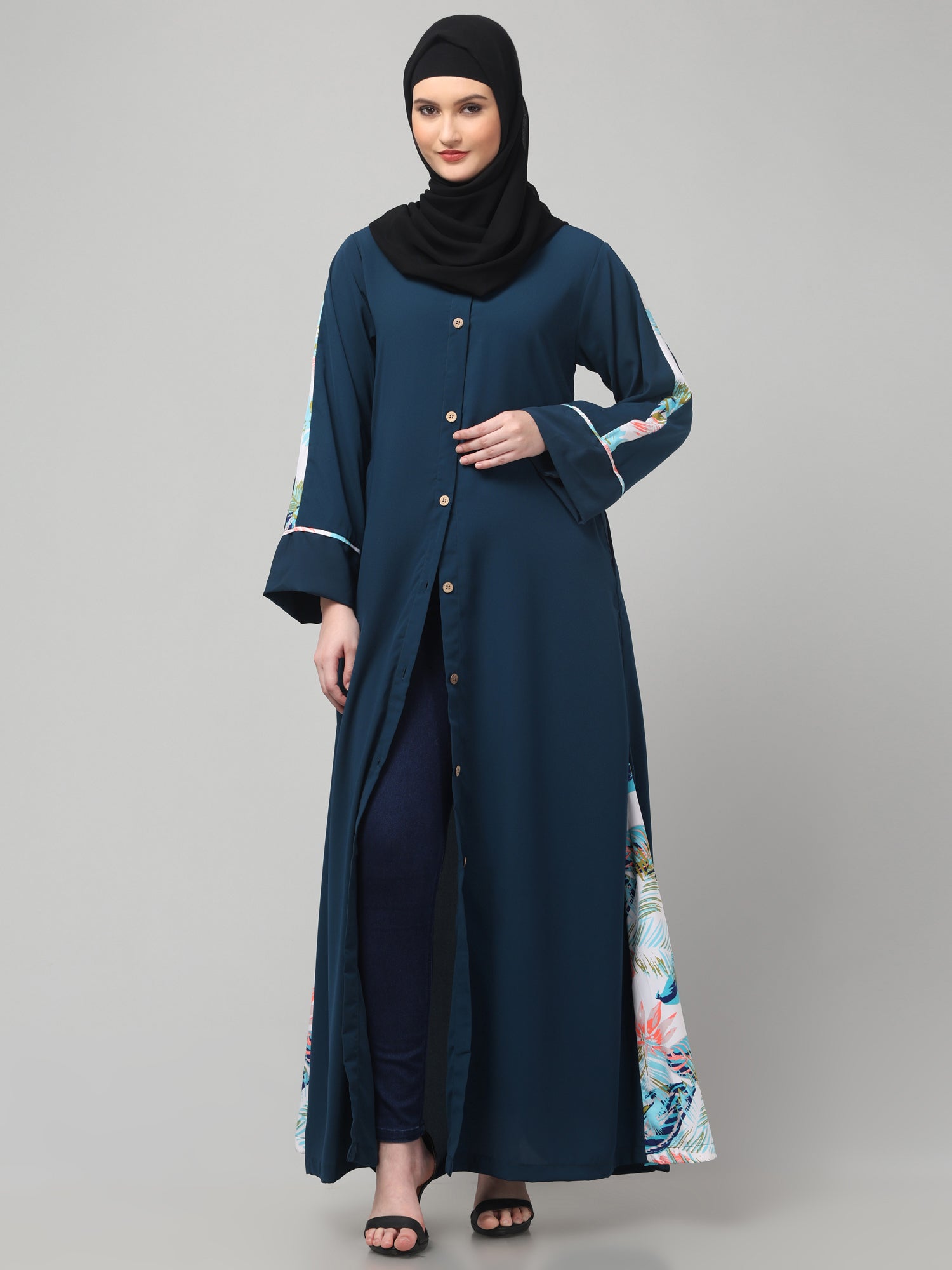Front-Open Nida Matte Teal Abaya Dress with Floral Detailing