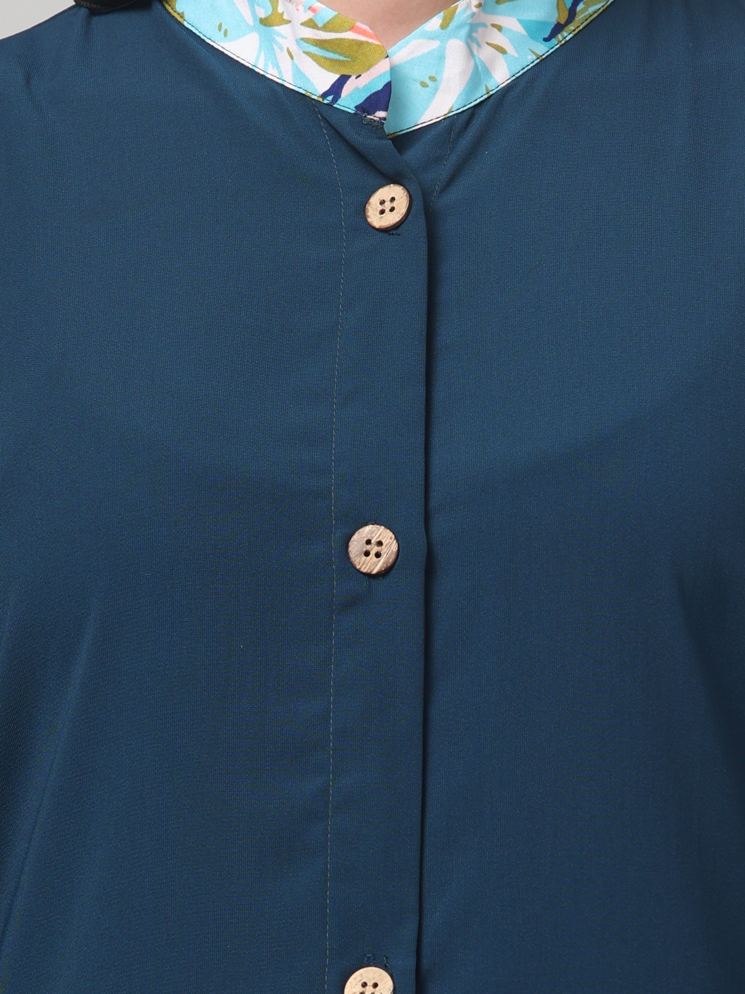 Front-Open Nida Matte Teal Abaya Dress with Floral Detailing