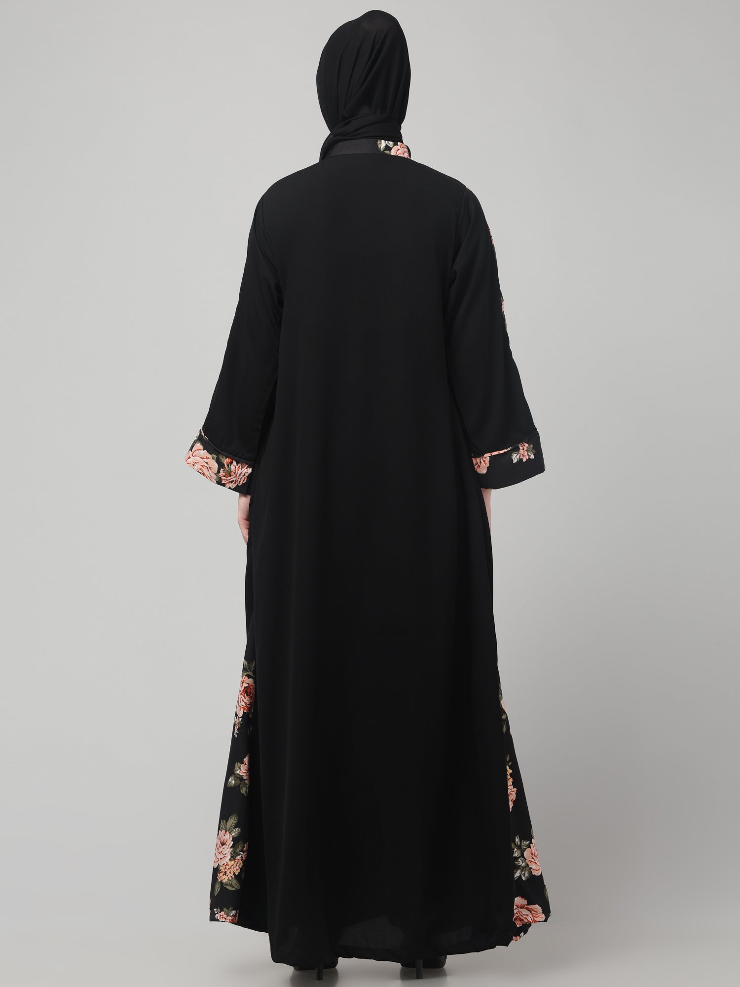 Front-Open Nida Matte Black Abaya with Floral Detailing