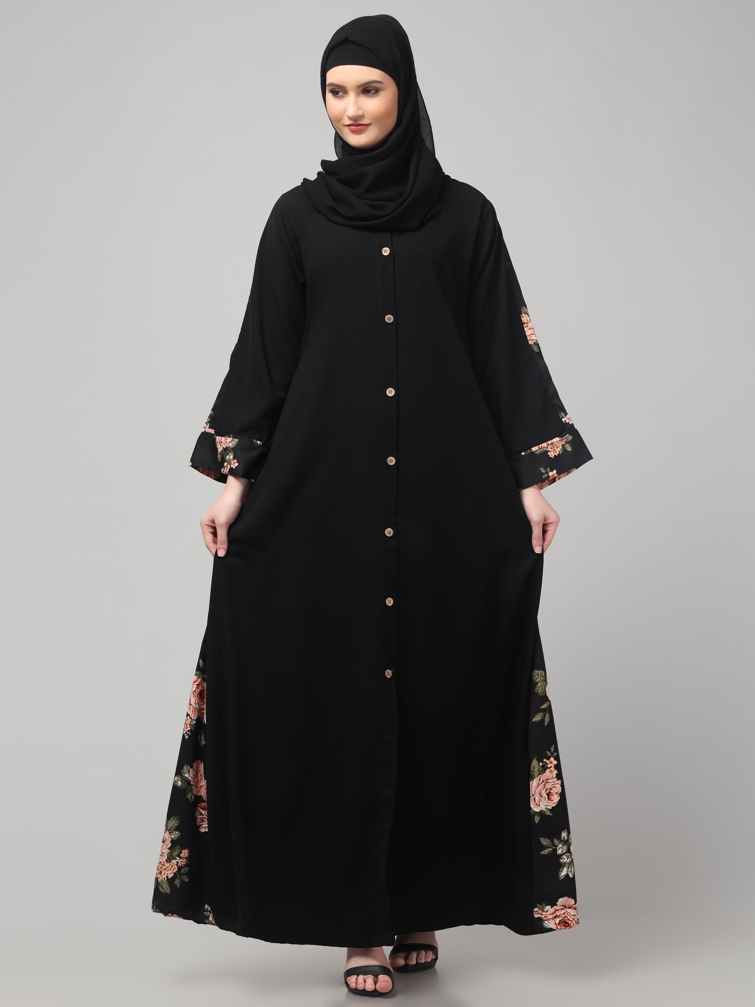 Front-Open Nida Matte Black Abaya with Floral Detailing