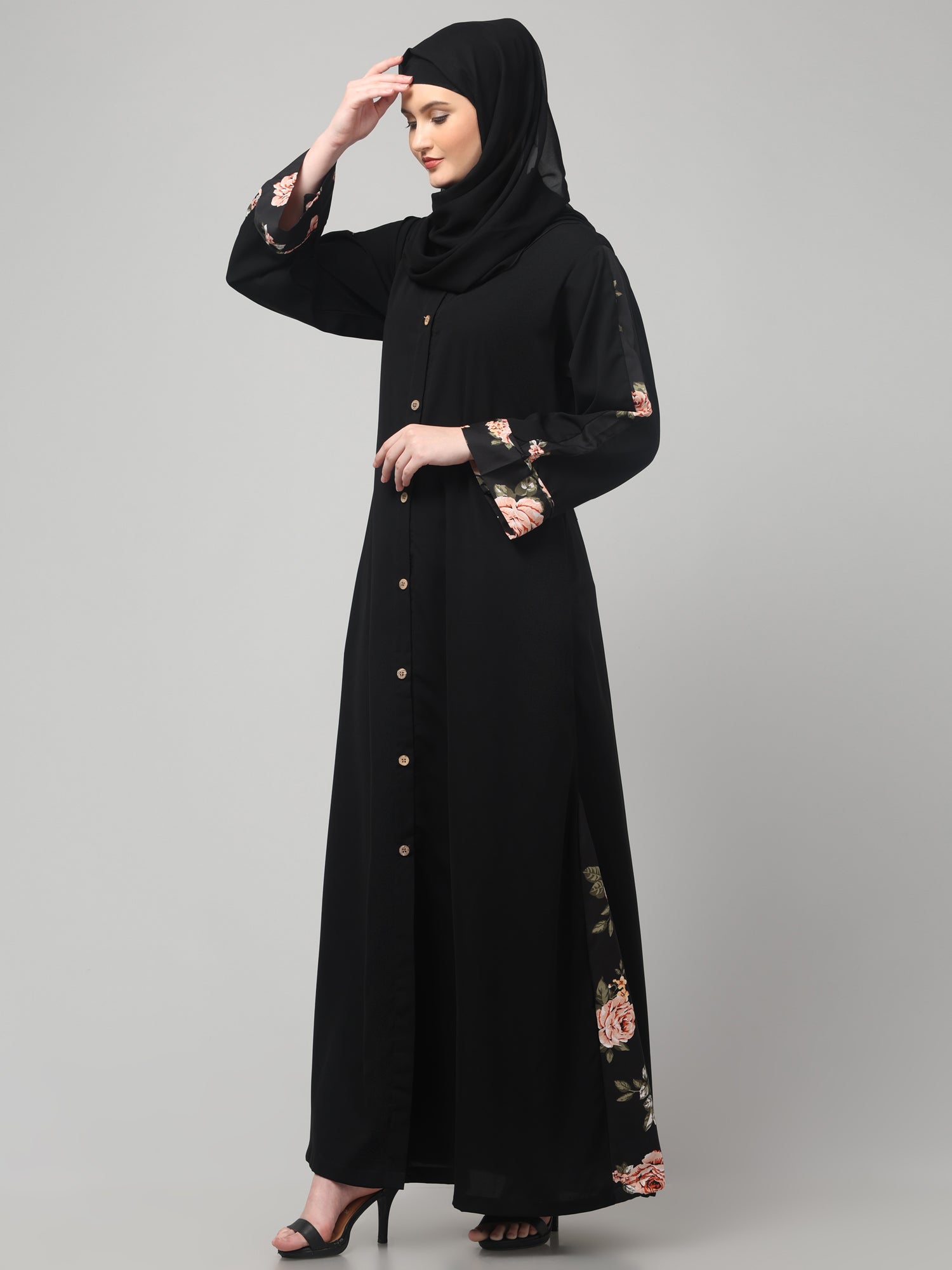 Front-Open Nida Matte Black Abaya with Floral Detailing