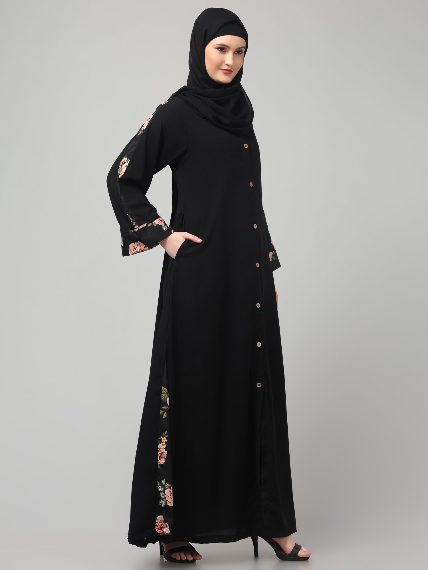 Front-Open Nida Matte Black Abaya with Floral Detailing