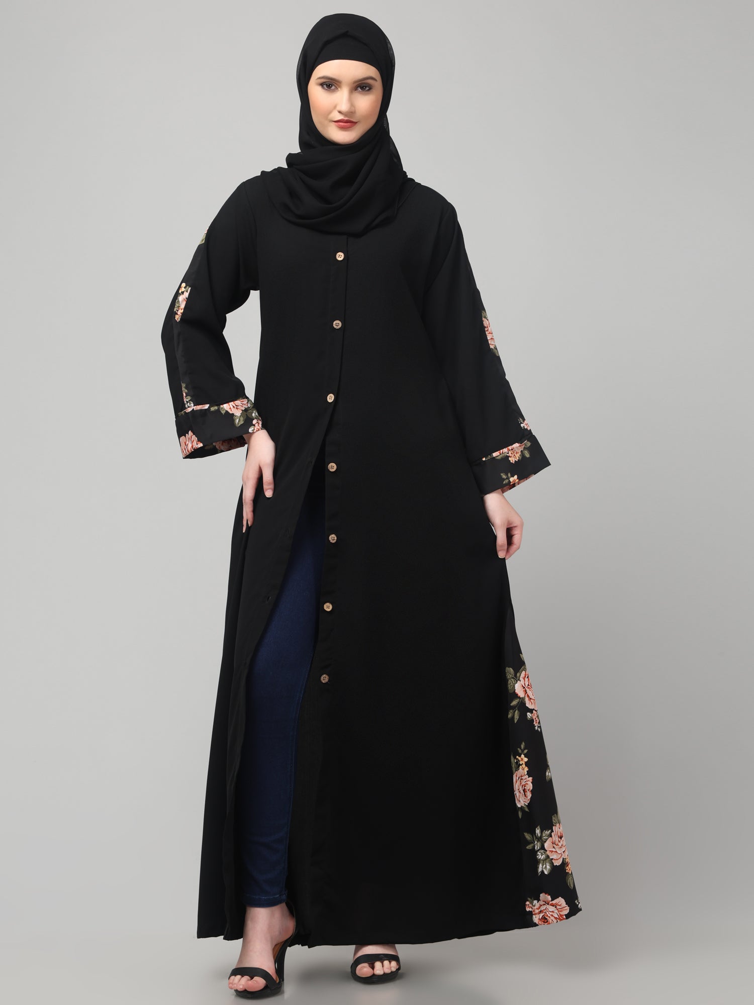 Front-Open Nida Matte Black Abaya with Floral Detailing