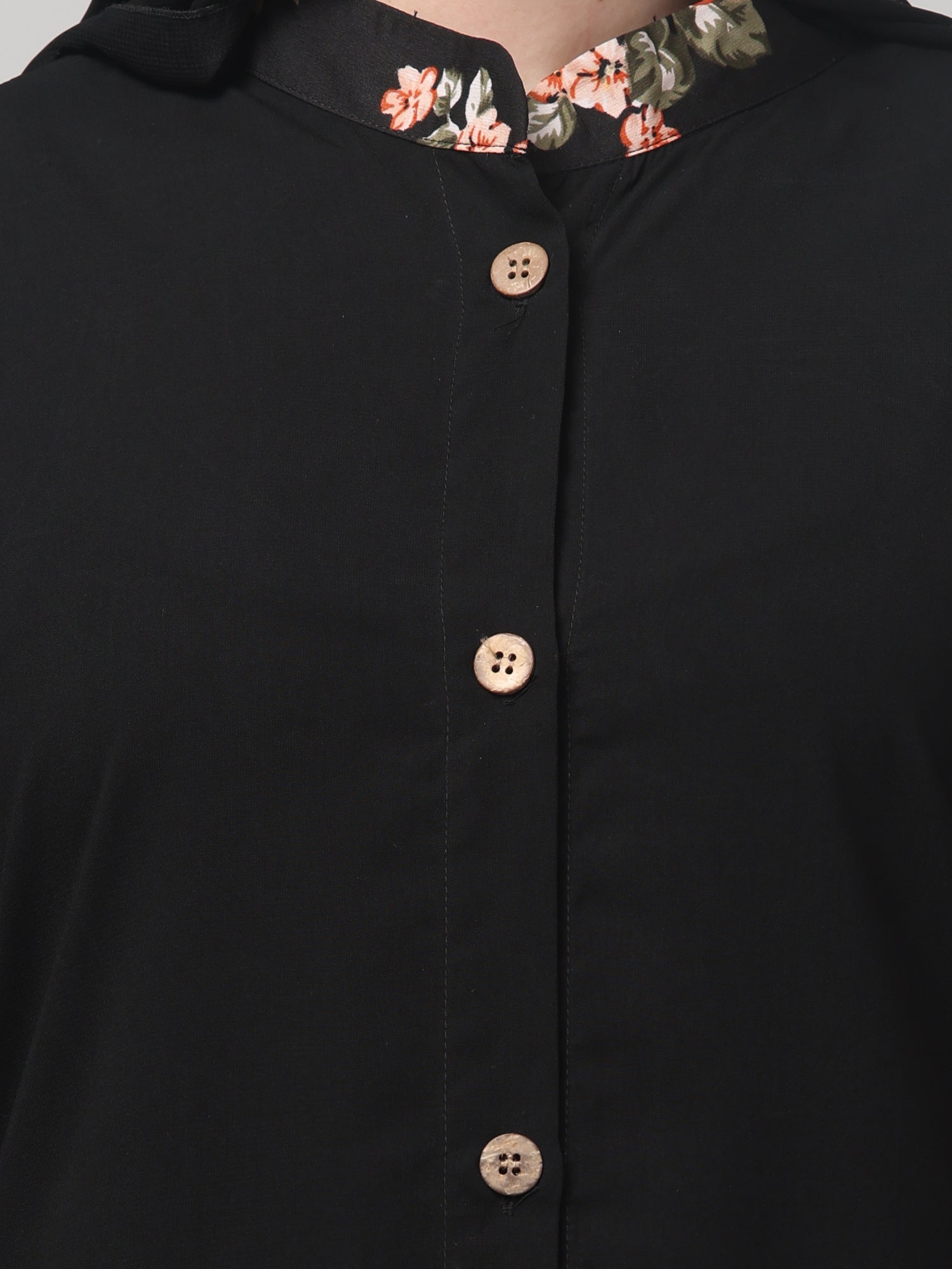 Front-Open Nida Matte Black Abaya with Floral Detailing