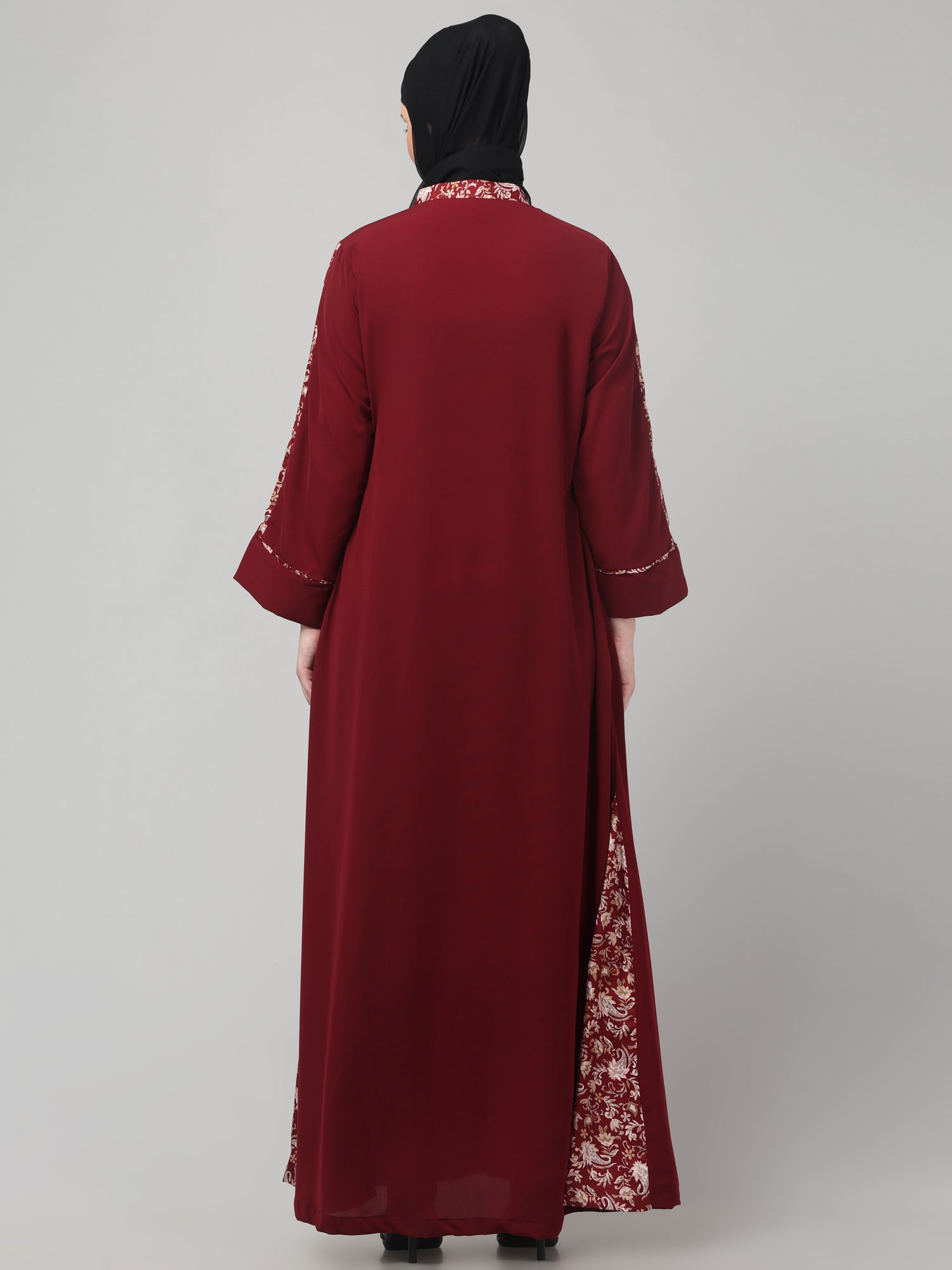 Front-Open Nida Matte Maroon Abaya with Floral Detailing