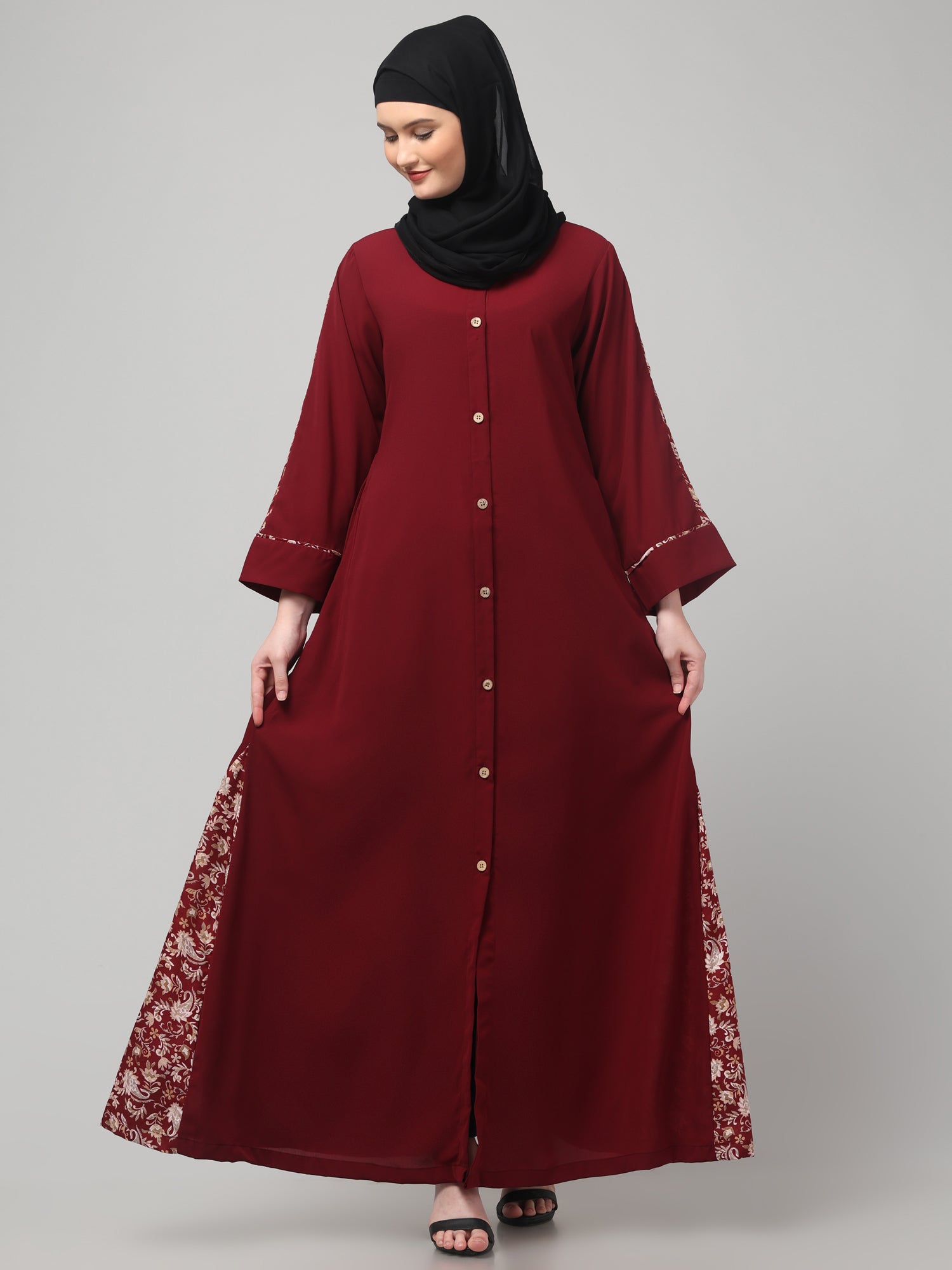 Front-Open Nida Matte Maroon Abaya with Floral Detailing