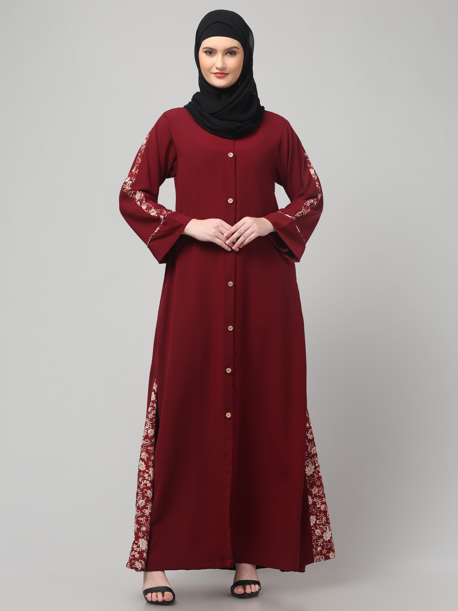 Front-Open Nida Matte Maroon Abaya with Floral Detailing