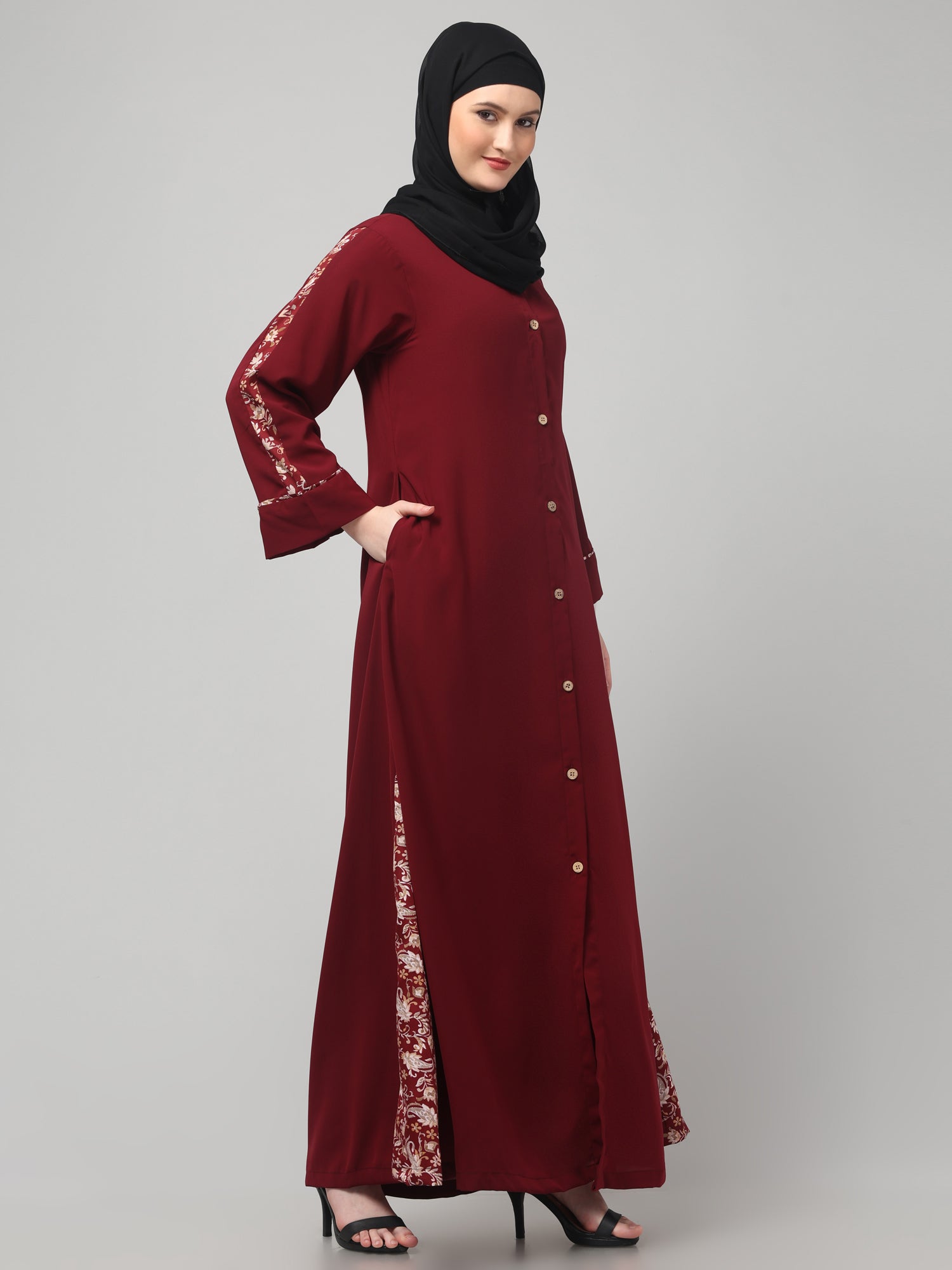 Front-Open Nida Matte Maroon Abaya with Floral Detailing