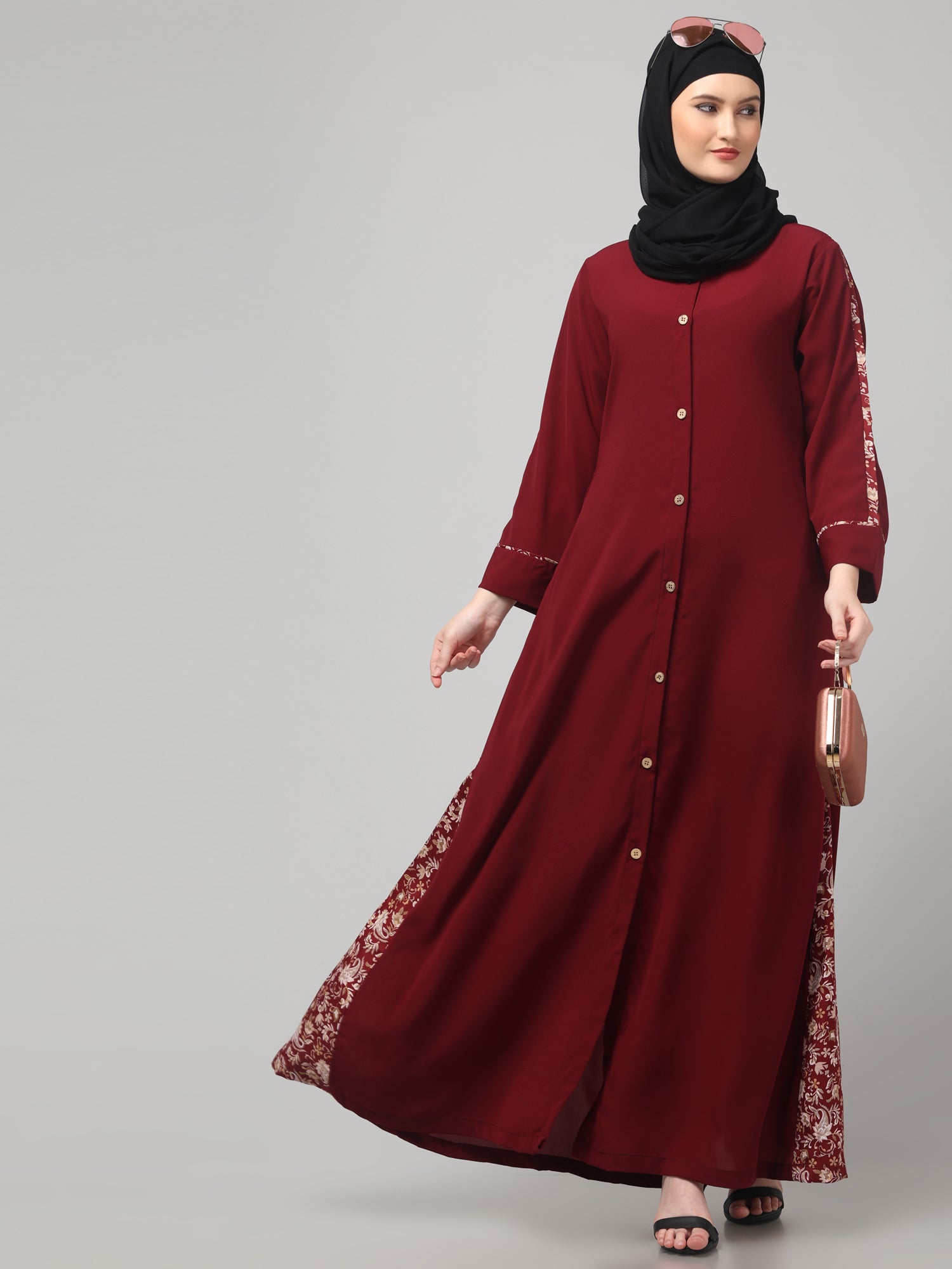 Front-Open Nida Matte Maroon Abaya with Floral Detailing