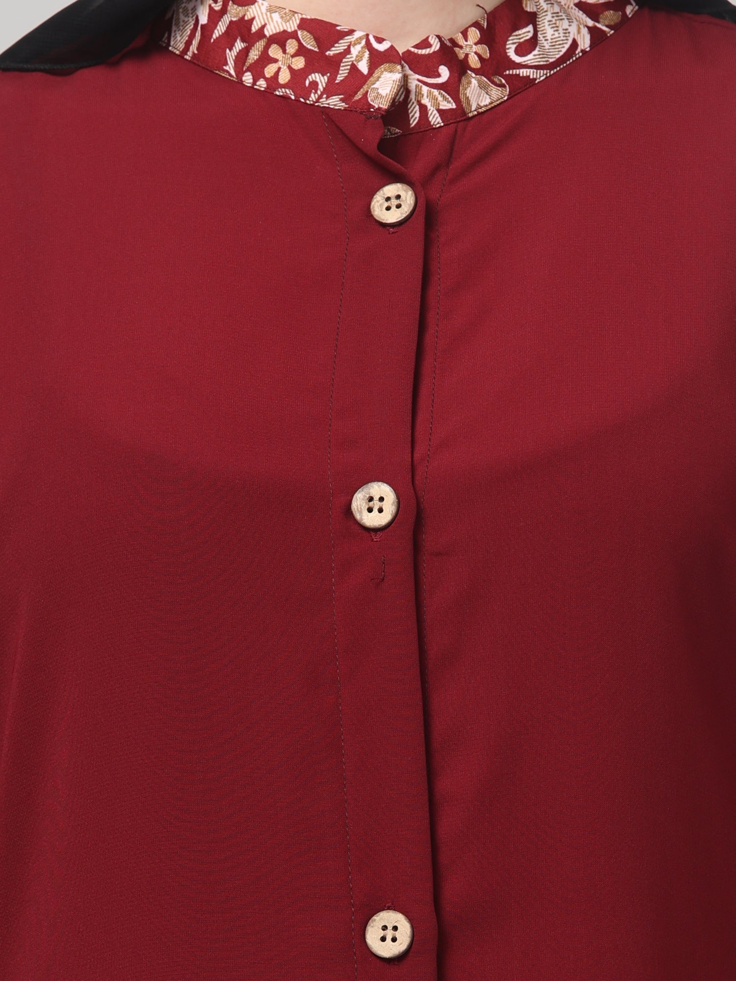 Front-Open Nida Matte Maroon Abaya with Floral Detailing