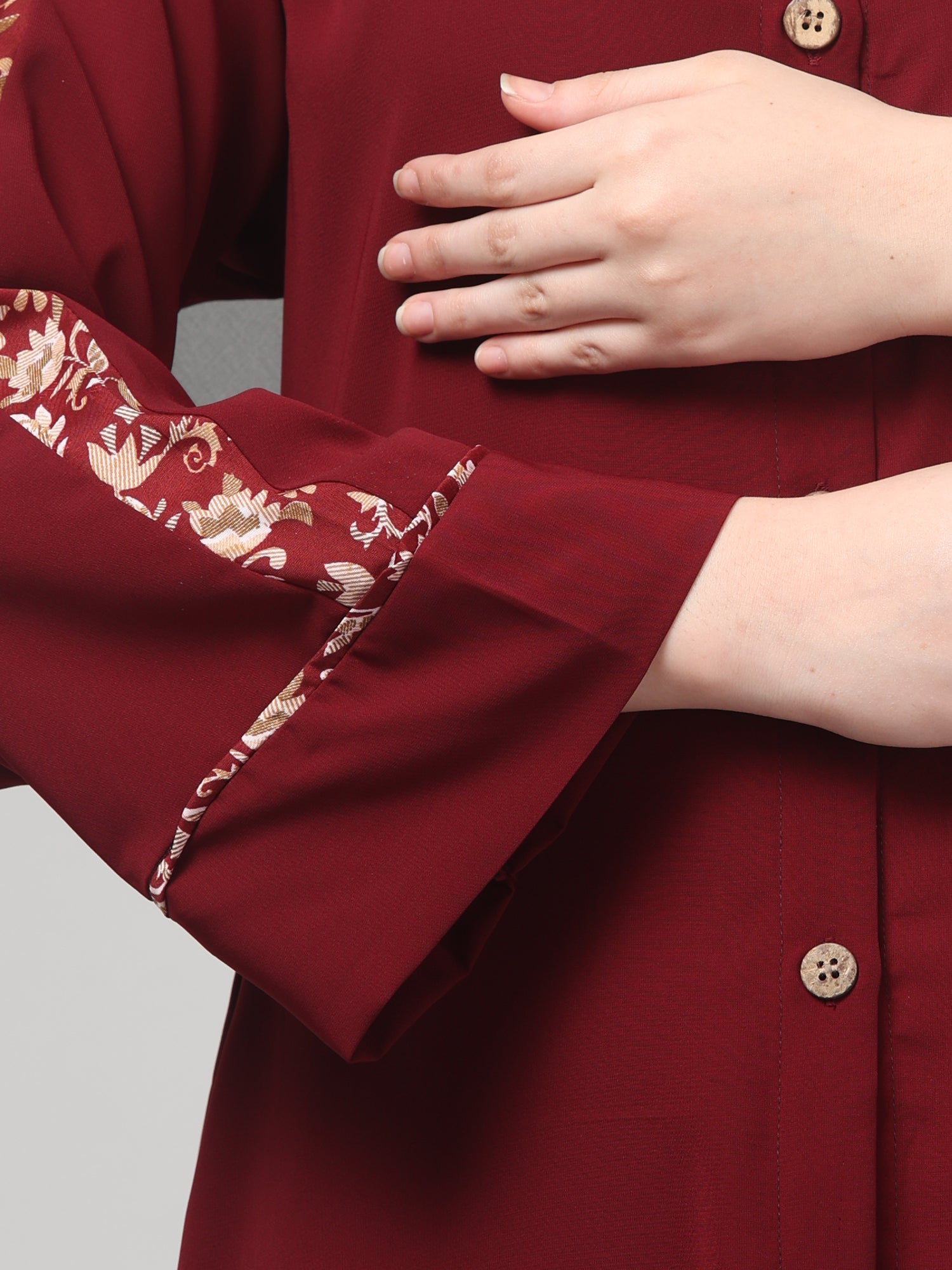 Front-Open Nida Matte Maroon Abaya with Floral Detailing