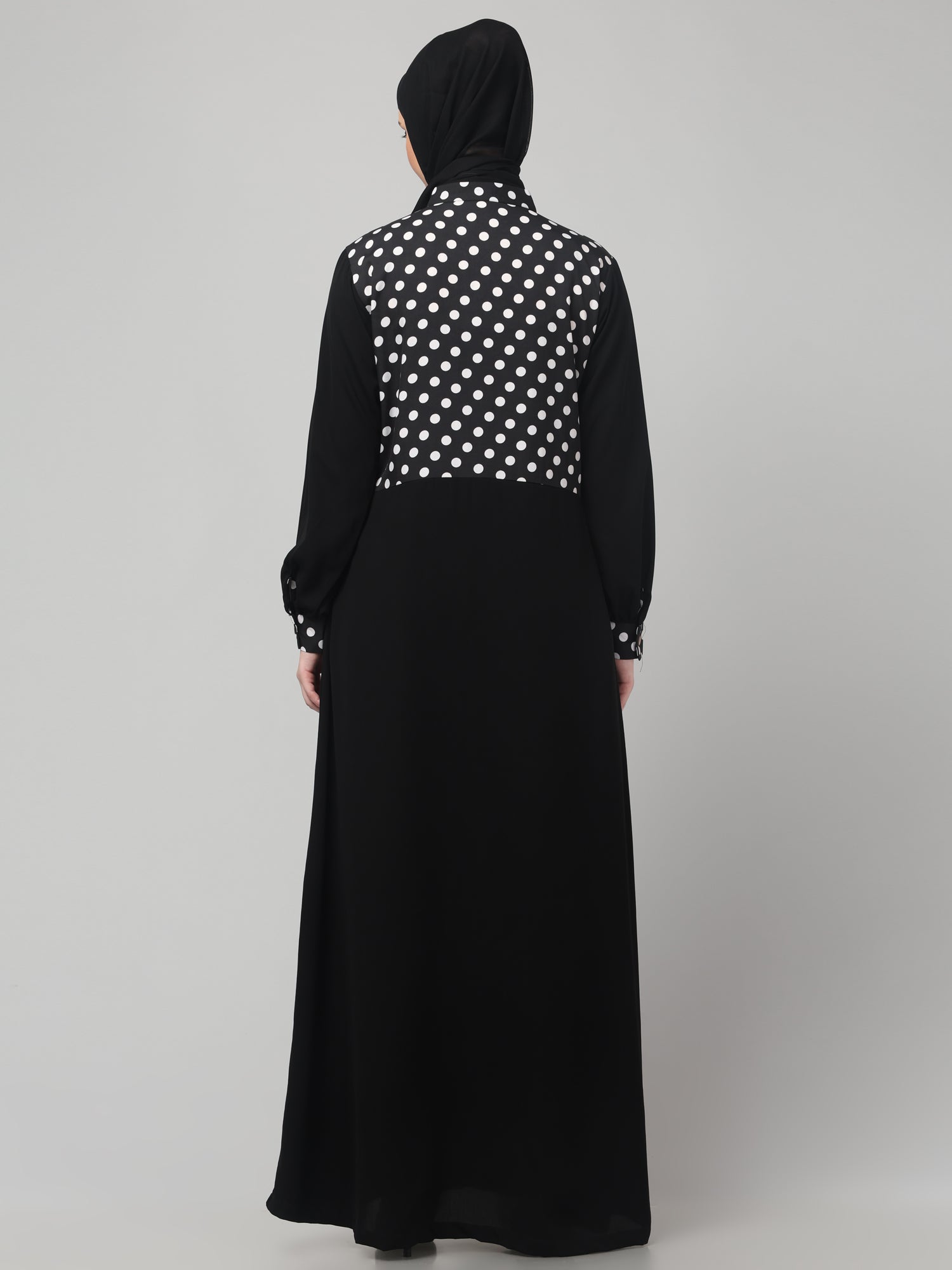 Front Open Black Polka Dot Abaya Burqa with Hijab