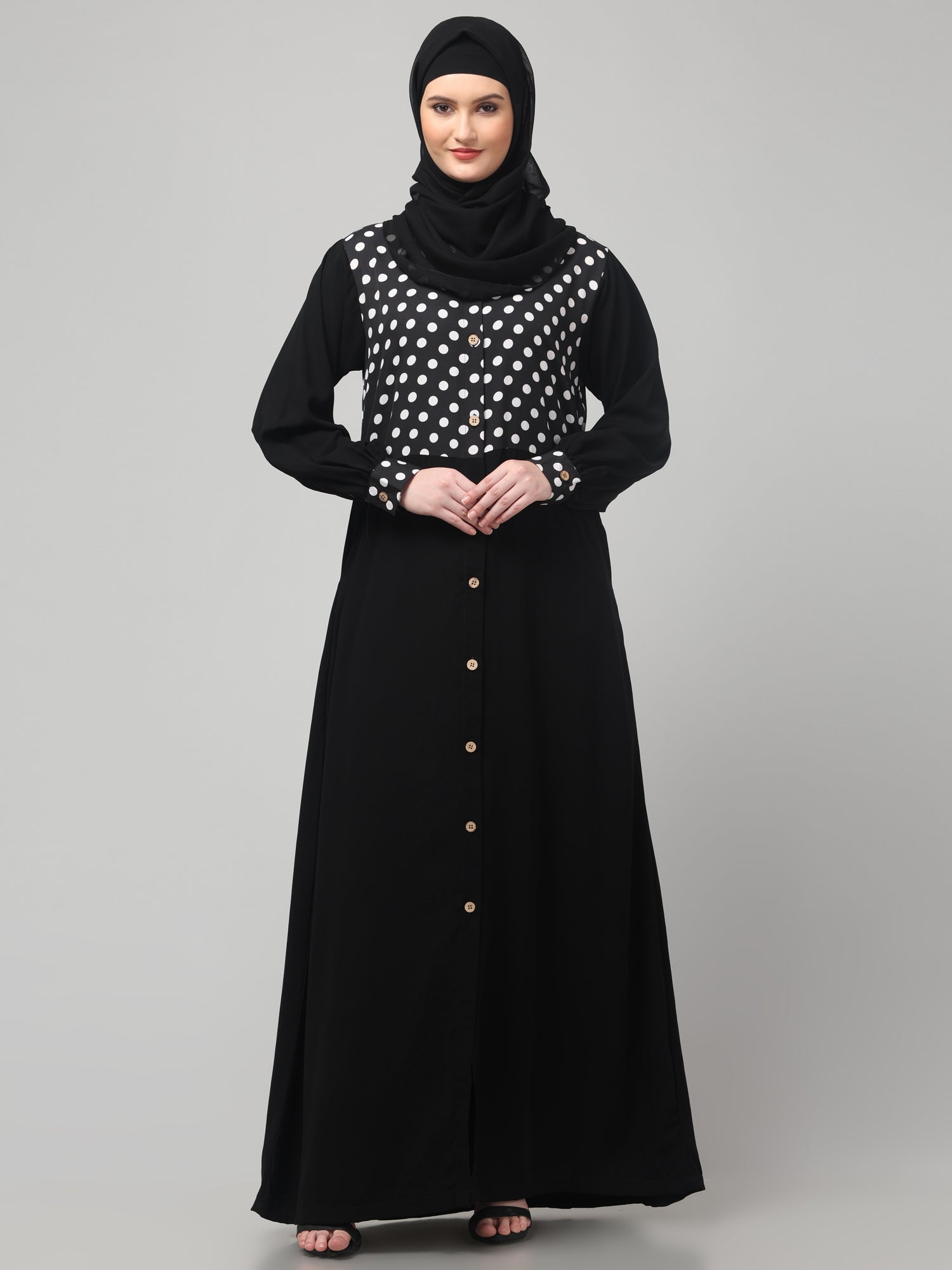 Front Open Black Polka Dot Abaya Burqa with Hijab
