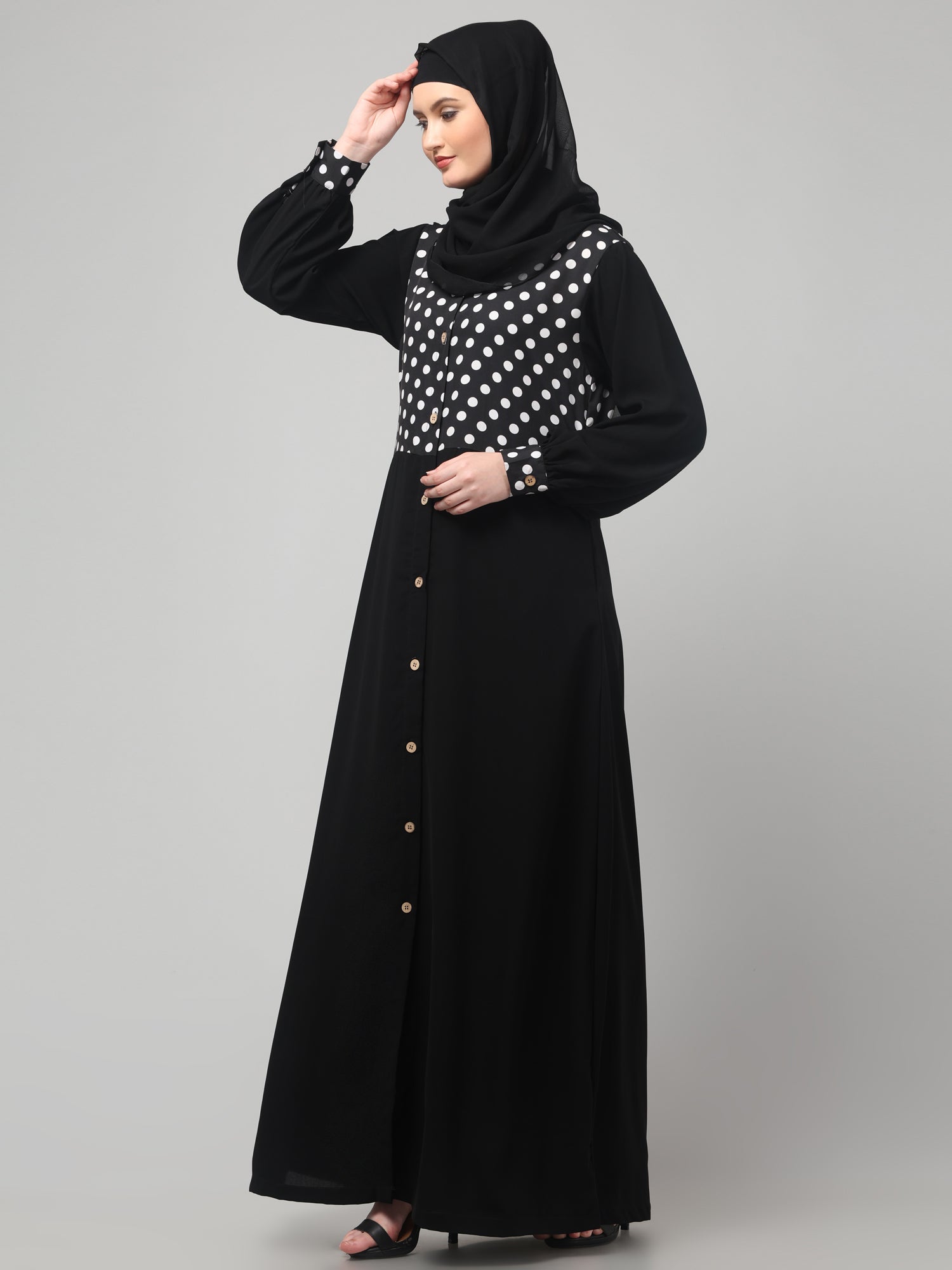 Front Open Black Polka Dot Abaya Burqa with Hijab