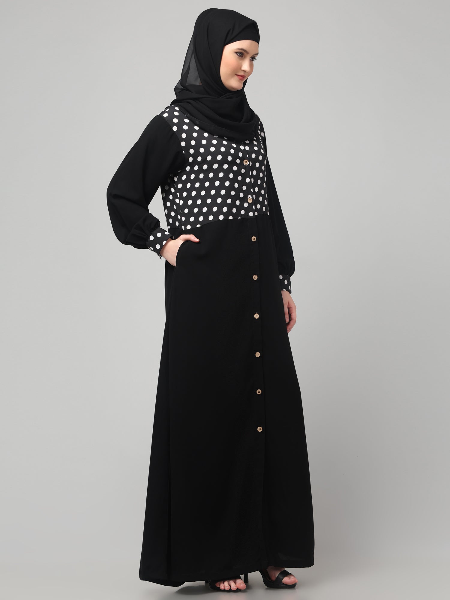 Front Open Black Polka Dot Abaya Burqa with Hijab