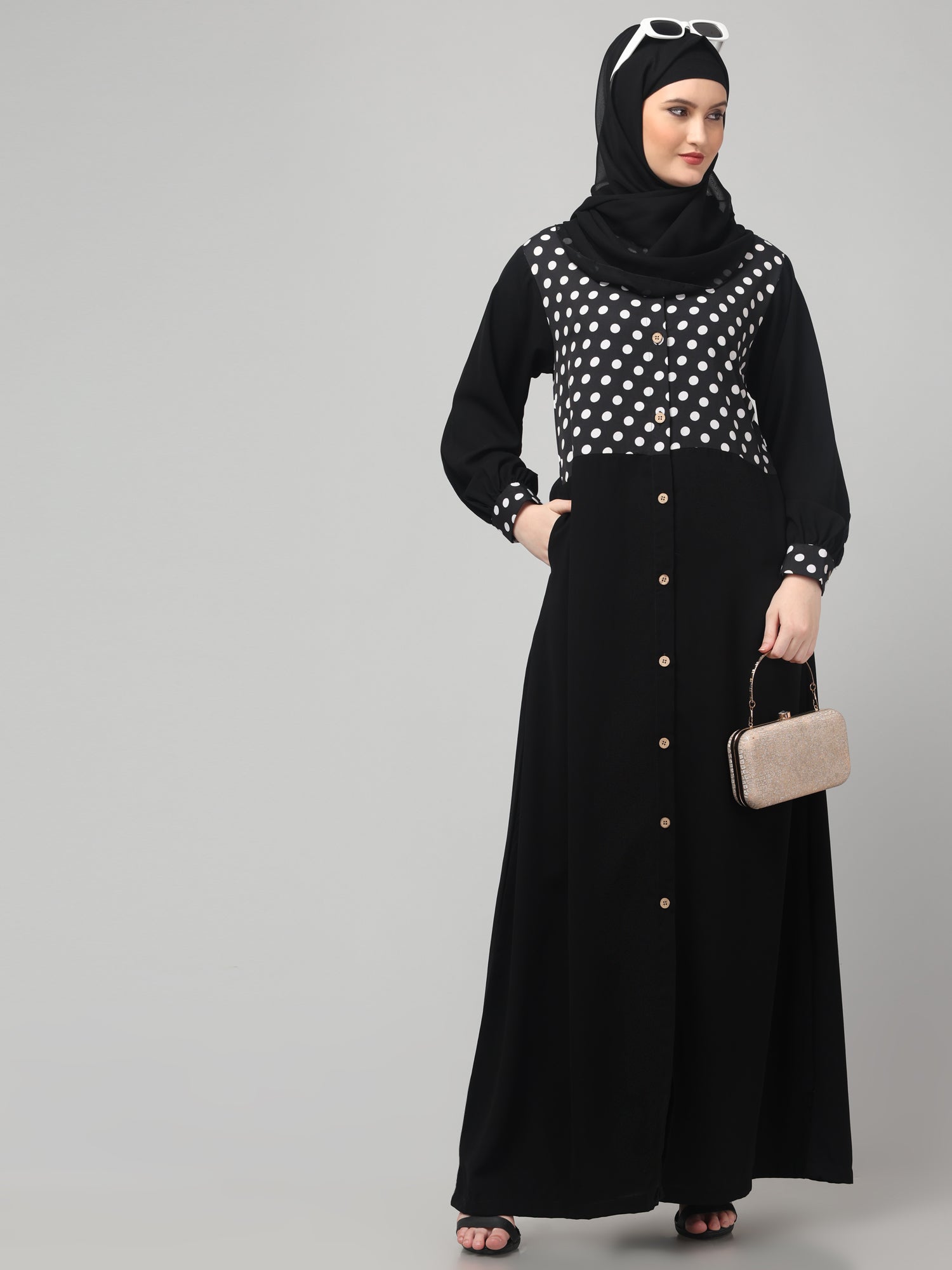 Front Open Black Polka Dot Abaya Burqa with Hijab