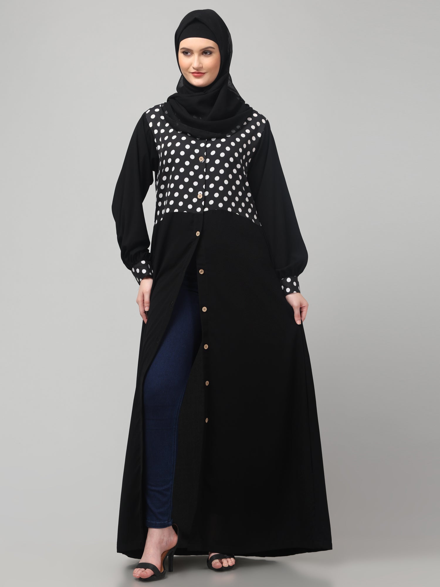 Front Open Black Polka Dot Abaya Burqa with Hijab