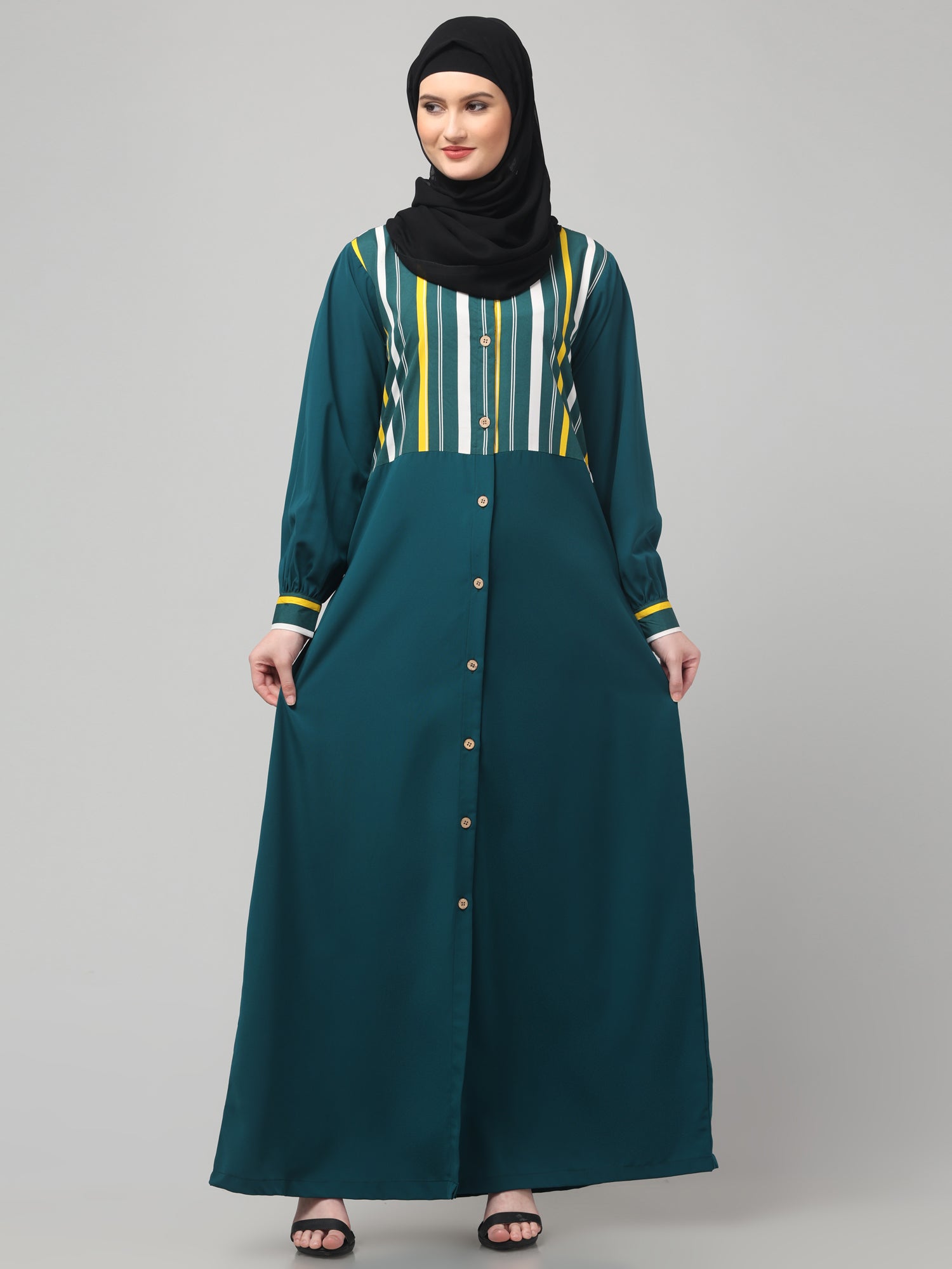 Front Open Bottle Green Yog Abaya Burqa with Hijab