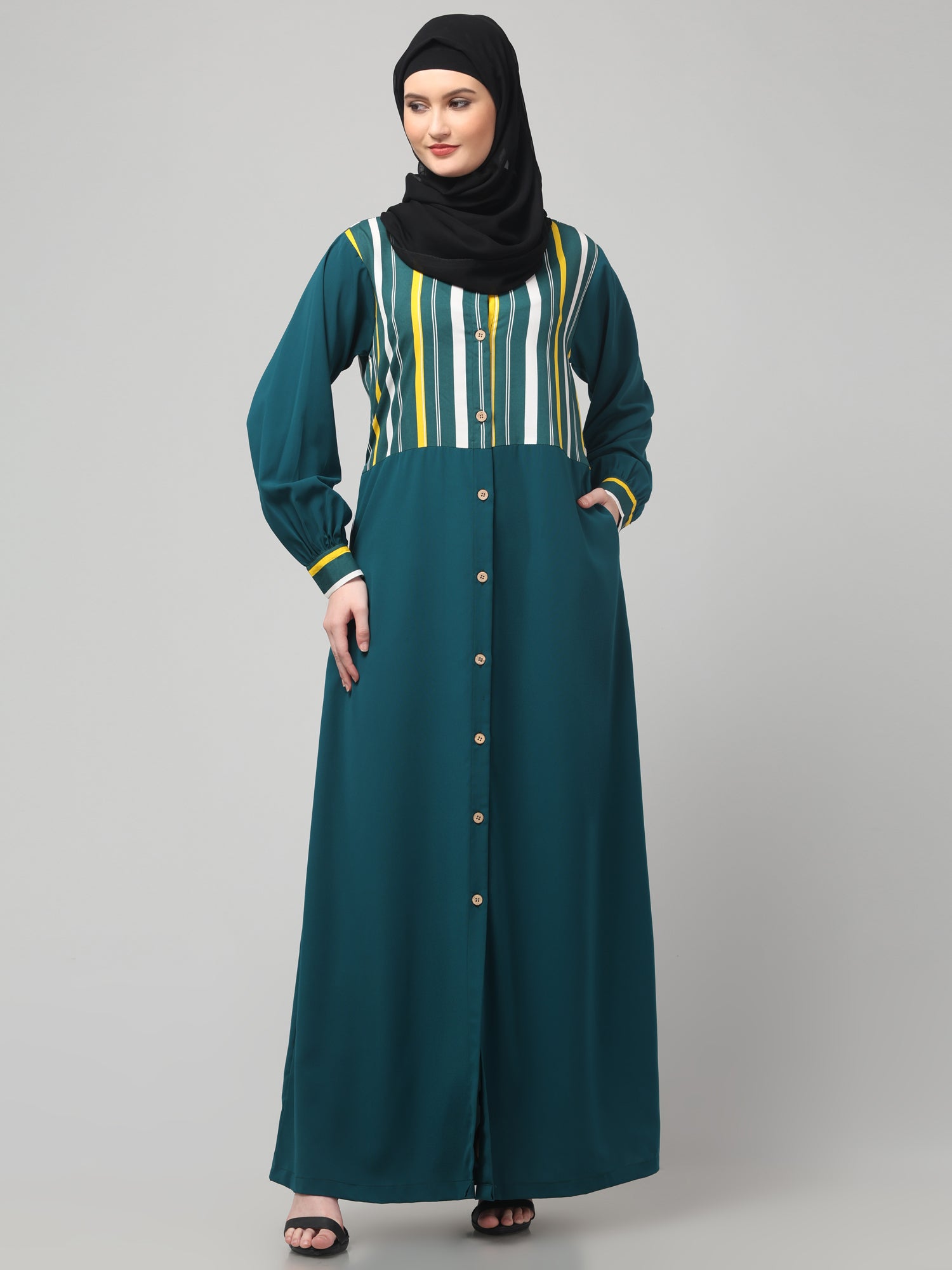 Front Open Bottle Green Yog Abaya Burqa with Hijab
