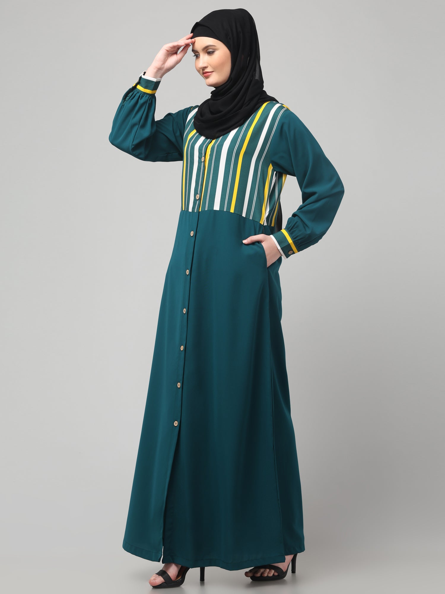 Front Open Bottle Green Yog Abaya Burqa with Hijab